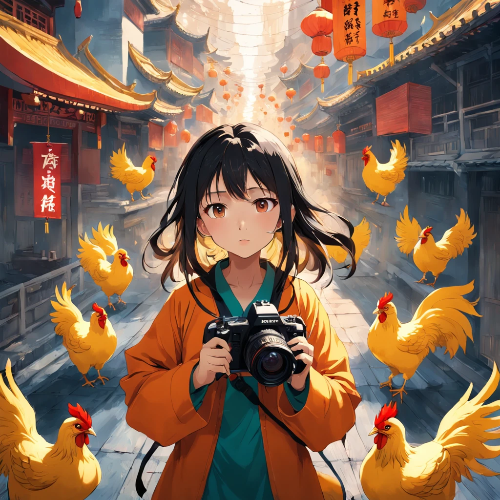 Heroic Chinese woman holding camera to take pictures Behind her are flying yellow chickens and huge drones
