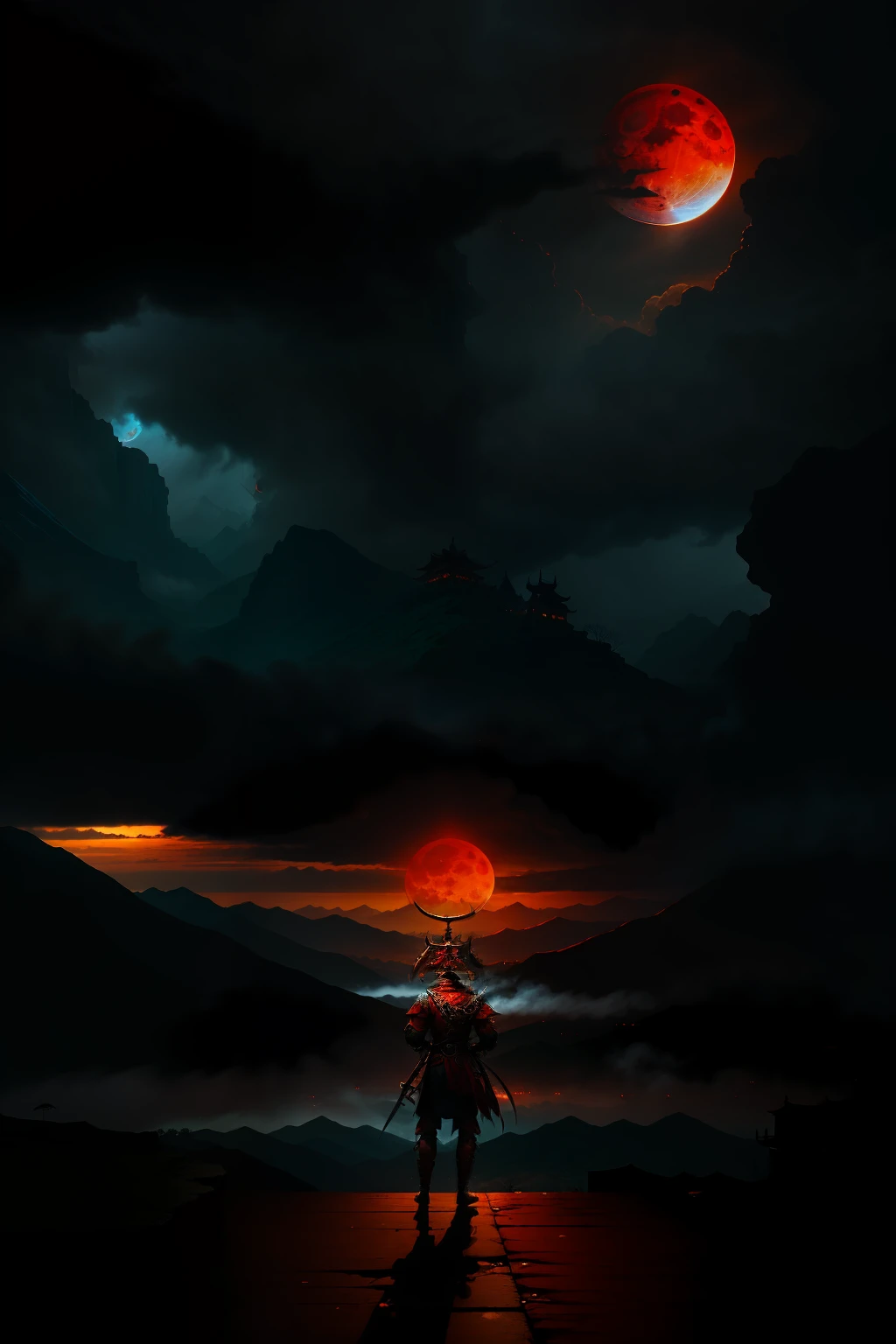 dark stormy clouds,a Oriental Dragons,Blood-red moon,shoun,komono,From behind,handheldweapons,mist,standing on your feet