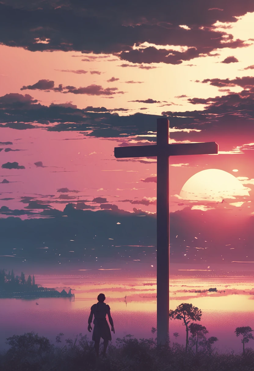 Jesus in the cross, by makoto shinkai and ghibli studio, outlined silhouettes, dramatic lighting, highly detailed, incredible quality, trending on artstation, masterpiece, 8k