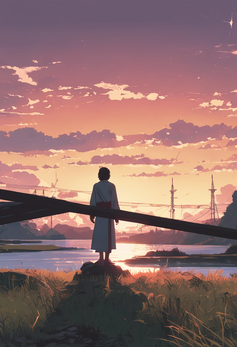Jesus in the cross, by makoto shinkai and ghibli studio, outlined silhouettes, dramatic lighting, highly detailed, incredible quality, trending on artstation, masterpiece, 8k