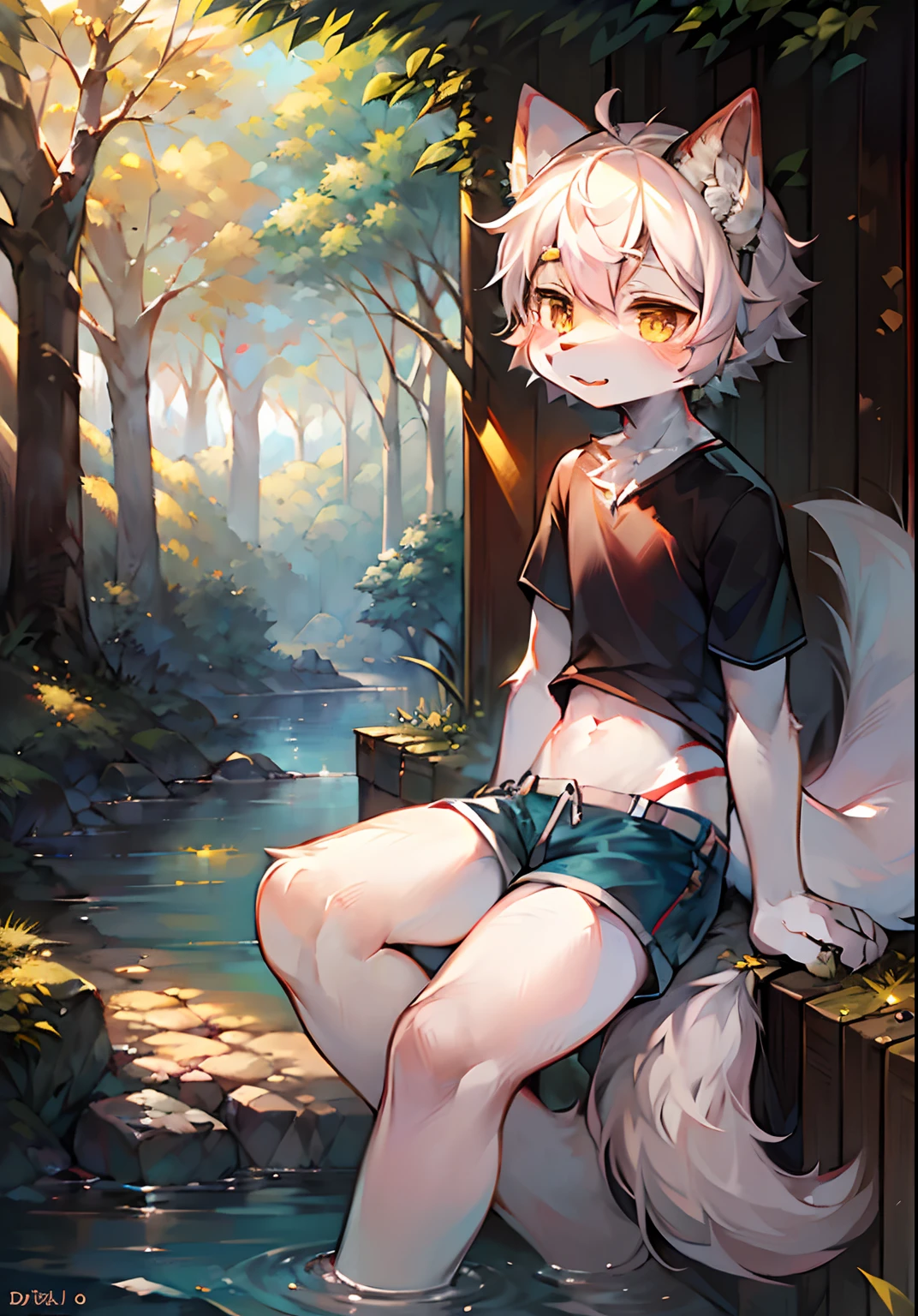 (Bright Environment: 0.8), Masterpiece, High Quality, Abstract Res, Digital Painting\(artwork\), by Dagasi, Cuihongshi, Yupa, Kiyosan, (Anthro, Fluffy Fur, Character Focus: 1.1), Anthro Male Cat, Short hair,portrait, bright eyes, panorama, character focus. (Detailed background: 0.7), Furry, Furry male, Male focus, Anthr, (full body fur, fluffy tail, white fur, yellow eyes, white hair: 1.2), (long canine, handsome, shorts, short sleeves, white goggles: 1.2), (outdoor, midday, forest, riverside: 1.1)