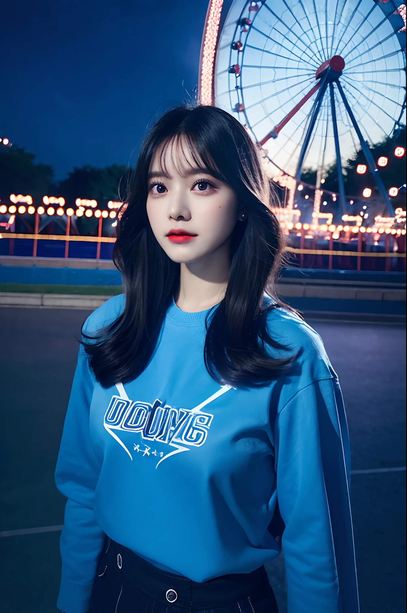 1girl in, Super beautiful girl, Dream Girl, Wearing blue, ulzzangs, Dancing, Concert in amusement park in the background, Lightning in the sky, Ultra Details, A hyper-realistic, Cinematic , Octane Render, 16 K,A dark-haired