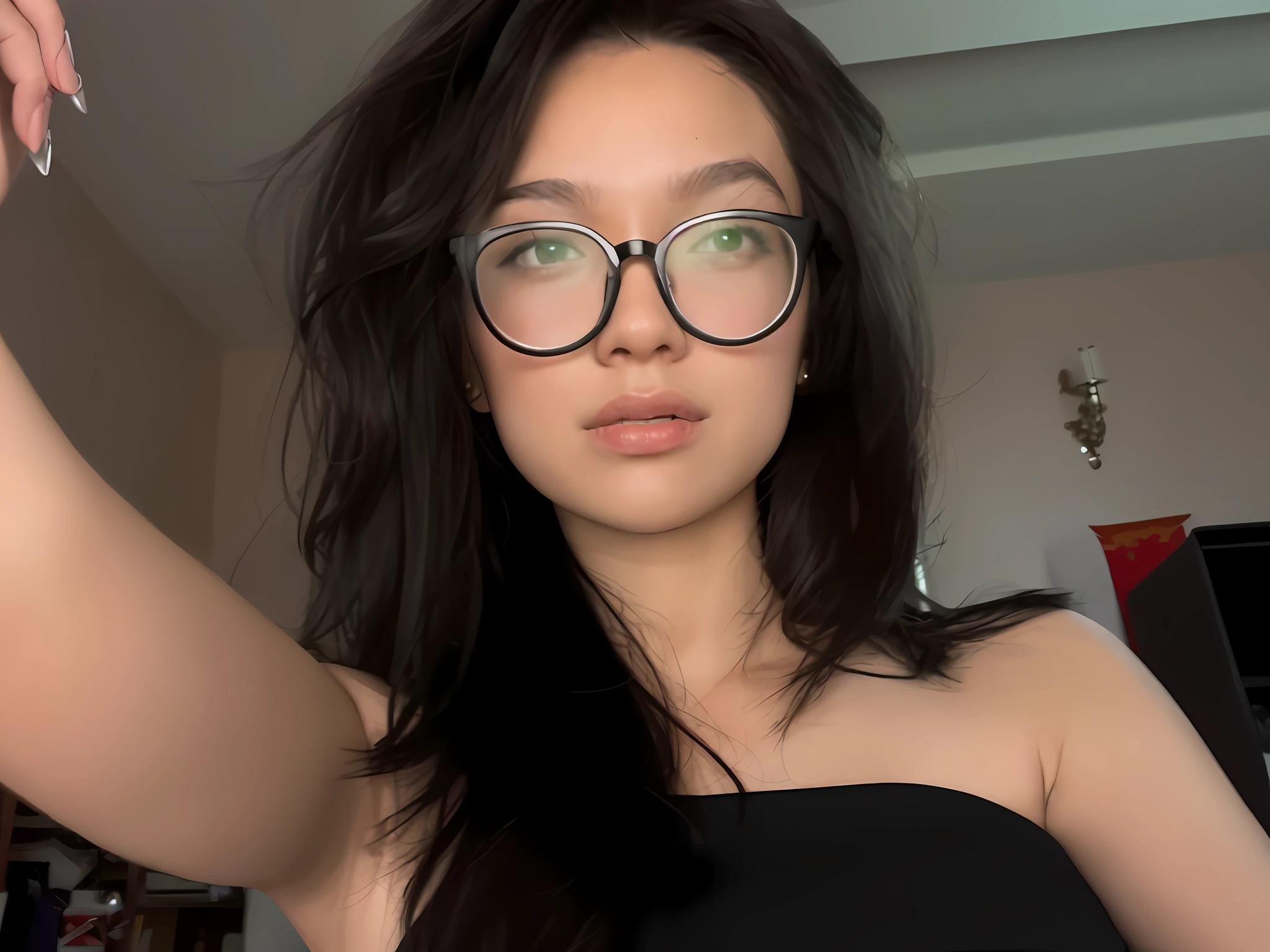 there is a woman with glasses and a black dress holding a cell phone, with glasses, wavy long black hair and glasses, with glasses on, 8k selfie photograph, wearing thin large round glasses, wearing square glasses, selfie of a young woman, wearing black frame glasses, with square glasses, spectacled, headshot profile picture, wearing small round glasses, 18 years old