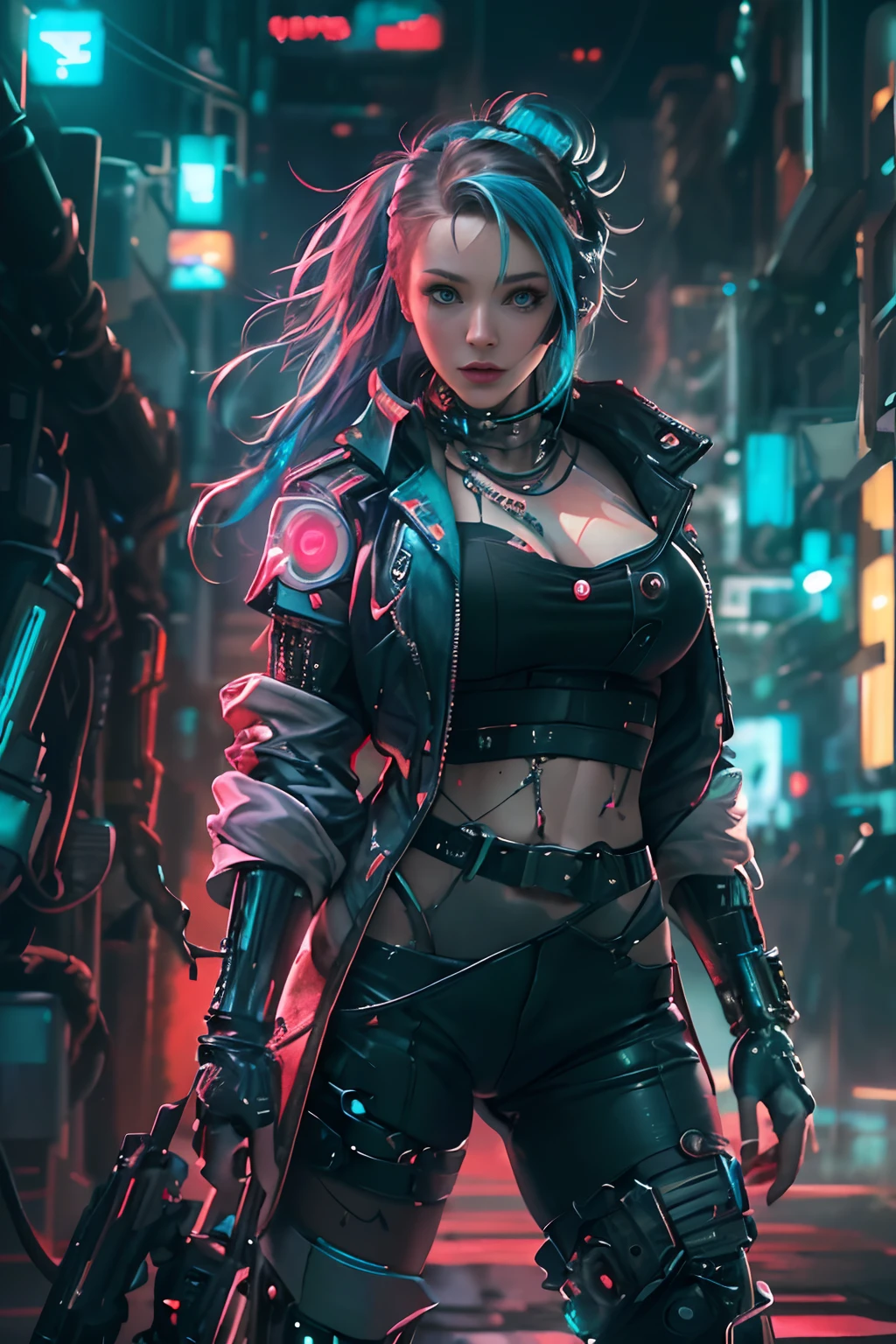 (cinematic, 8k, best quality, masterpiece: 1.2), (realistic, photo-realistic: 1.37), ultra-detailed, soft light, best quality, ultra highres, raw photo in HDR, sharp focus, intricate texture, skin imperfections, 1 girl, cute, solo, raw photo, Rebecca a robotic girl with green hair, laughing, pink tattoo on her neck and belly, wearing a black jacket with yellow details,  holding a pistol in hand, 19yo, camel fingers, slim body, warm body, shiny skin, realistic textures, reflected lighting, volumetric lighting. Background a cyberpunk city at night, neon lighting.