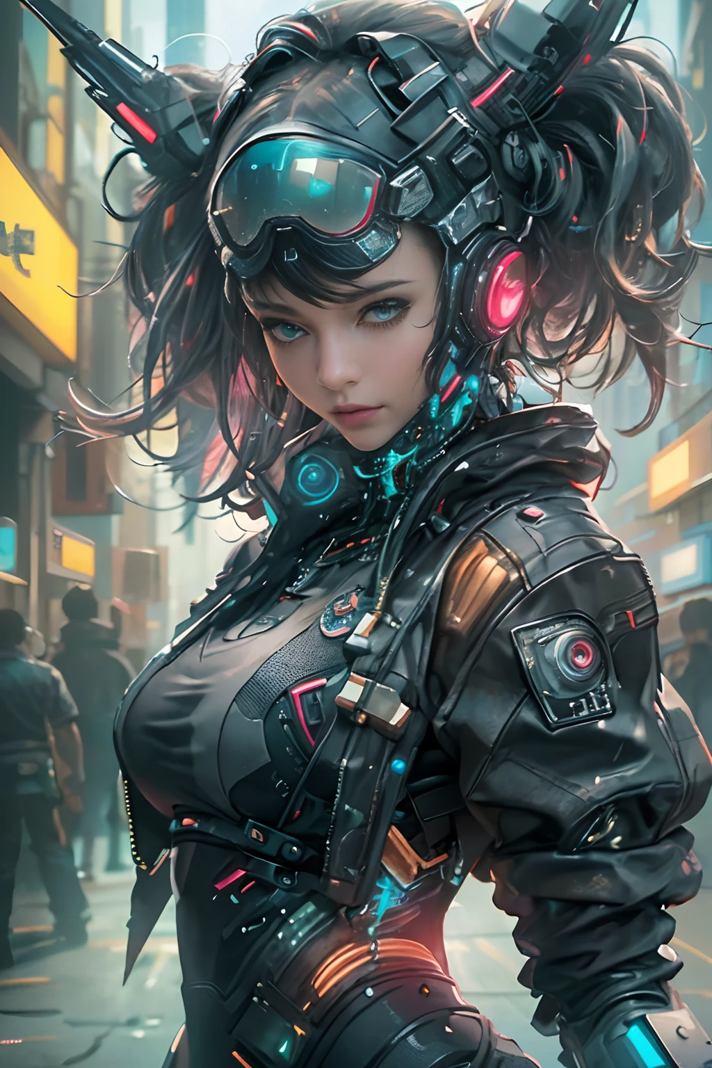 Unbeatable masterpiece, Ultra photo realsisim, Perfect Artwork, Intricate details, Best Quality, strong lights,High contrast,((Post apocalyptic futuristic Cyberpunk , outline):1.35) , ((masterpiece)),((Extremely detailed)) , ((extremely detailed and beautiful face)) , Smoky makeup, Perfectcomposition , intricate detailes , neon light , neon trim, (full body Esbian:1.25) , (Official art) , Very delicately beautiful cyberpunk girl, long blue colored hair blowing in the wind, vibrant yellow eyes, long detailed eyelashes, huge enormously gigantic tits, cleavage showing, wearing highly detailed futuristic hooded battle armor, tons of tattoos and piercings(1girl:1.3) , Solo , (glass screen:1.2) , (Clear glass) , Tindall Effect , Colorful refraction , visual impact , (High light contrast) , Colorful , Melt , (Cyberpunk:1.2) ,(flinch :1.4) ,