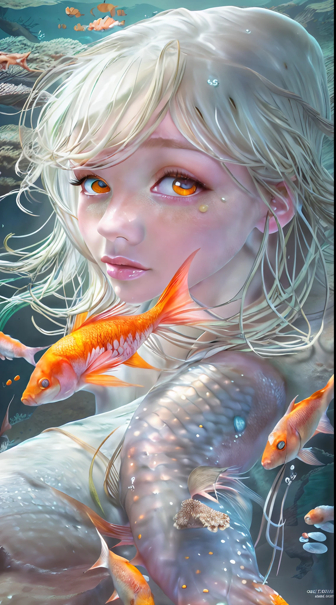 high details, best quality, 16k, RAW, [best detailed], masterpiece, best quality, (extremely detailed), full body (best details, Masterpiece, best quality), , ultra wide shot, photorealistic, fantasy art, RPG art, D&D art, a picture of a mermaid swimming with koi fish under the sea, exqisite beautiful mermaid, ultra feminine (best details, Masterpiece, best quality), wearing seashell clothing, ultra detailed face (best details, Masterpiece, best quality), large fish tail white scales (best details, Masterpiece, best quality), white hair, pixie cut, orange eyes orange00d, white scales, undersea life, a [[flock of koi fish]] swimming (best details, Masterpiece, best quality), white and orange scales orange00d undersea background depths-fc, dim sun light from above High Detail, Ultra High Quality, High Resolution, 16K Resolution, Ultra HD Pictures, 3D rendering Ultra Realistic, Clear Details, Realistic Detail, Ultra High Definition