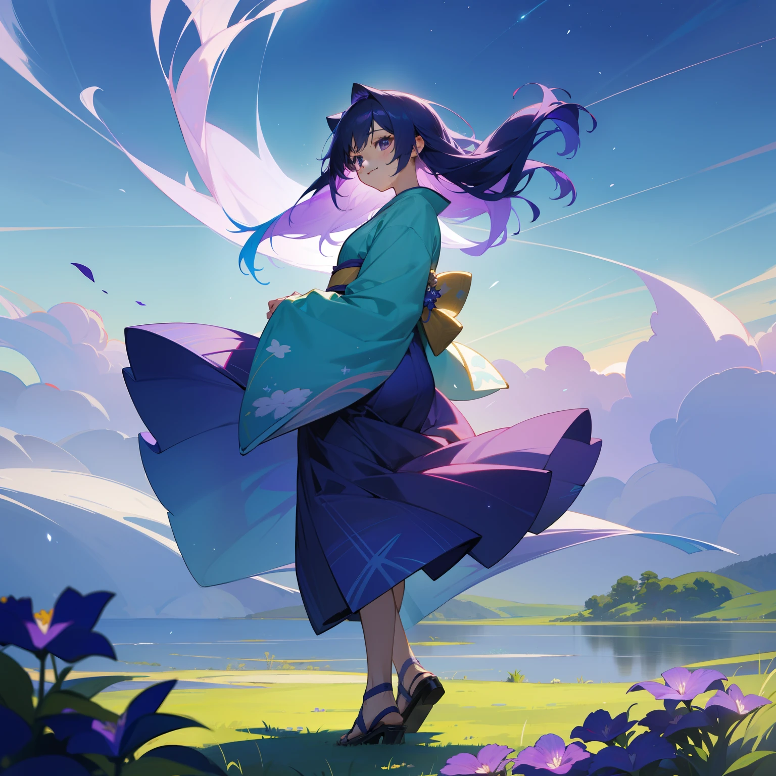 In the beautiful scenery of green earth and blue sky、One girl standing、Her hair is in a gradient of purple and blue、It glitters like a shining star in the night sky、Her kimono is colorful and、Each color is harmoniously beautiful、
At the foot、Pale purple violets bloom、Smile as if to congratulate her。The wind gently ruffles her hair、The figure was amazing, As if in a dream.。This location is、It was like a special world where only happy feelings spread.。