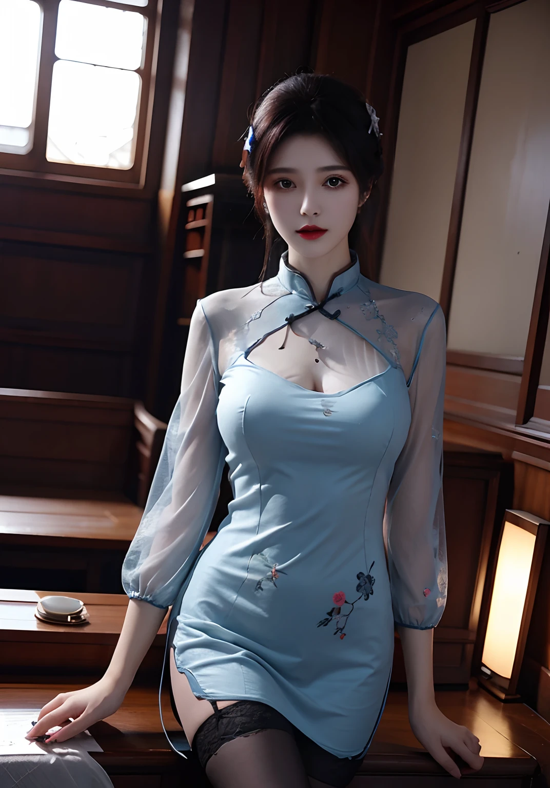 (1girl, solo:2.0), (beautiful cute Chinese girl, cute JAV idol), (anatomically correct:1.9), (full body, standing:1.9), (sexy lingerie Cheongsam Qipao:1.9), (no bra, braless:2.0), (slender abs:1.5), (detailed realistic skin:1.3), (detailed realistic caramel hair:1.7), (beautiful realistic hairstyle:1.3), (beautiful detailed realistic face:1.9), (realistic eyes:1.5), (extremely detailed realistic eyes:1.5), (perfect eyes:1.5), (extremely detailed realistic pupils:1.5), (extremely detailed realistic eyelashes:1.3), (detailed beautiful realistic little lips:1.5), (closed mouth:1.3), (realistic big breasts:1.7), (masterpiece:1.2), (best quality:1.2), (realistic:1.5), photography, Nikon, 85mm, 8k, sharp focus, high resolution, ultra-detailed, zoom out, bokeh,