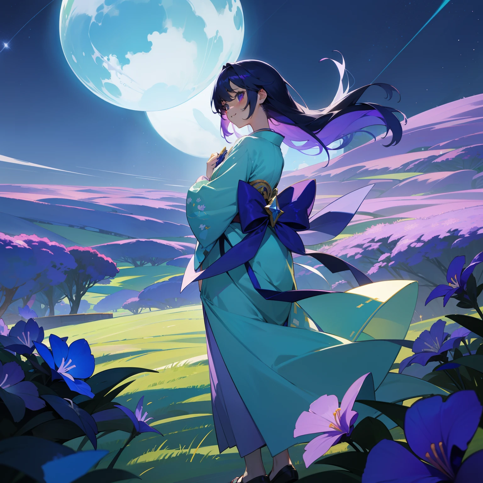 In the beautiful scenery of green earth and blue sky、One girl standing、Her hair is in a gradient of purple and blue、It glitters like a shining star in the night sky、Her kimono is colorful and、Each color is harmoniously beautiful、
At the foot、Pale purple violets bloom、Smile as if to congratulate her。The wind gently ruffles her hair、The figure was amazing, As if in a dream.。This location is、It was like a special world where only happy feelings spread.。