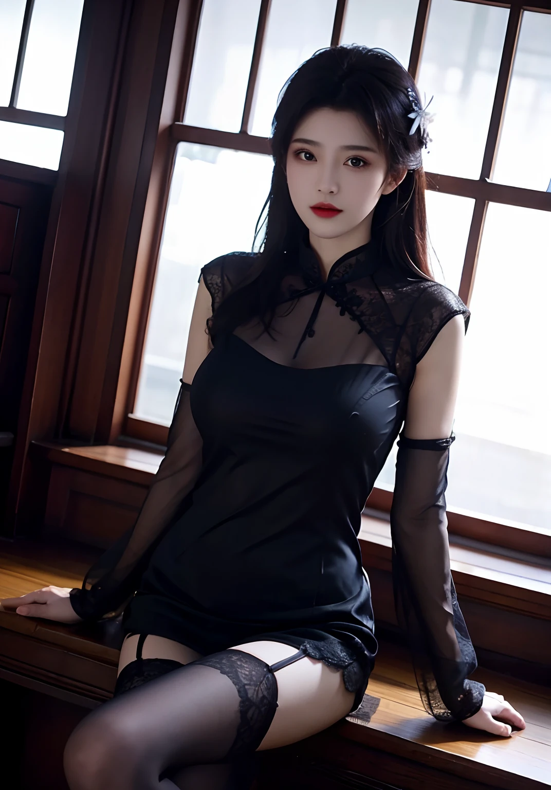 realistic, 1gril, per HD, 12k, beautiful breasts, looking at the camera, sitting on the sofa, long black hair, facial details, detailed person, body details, clothing details, hair details, body details, body details, breast details, vagina details, clothes, eye details, sweat details, water details, pose (knees bent and legs wide apart) whole body