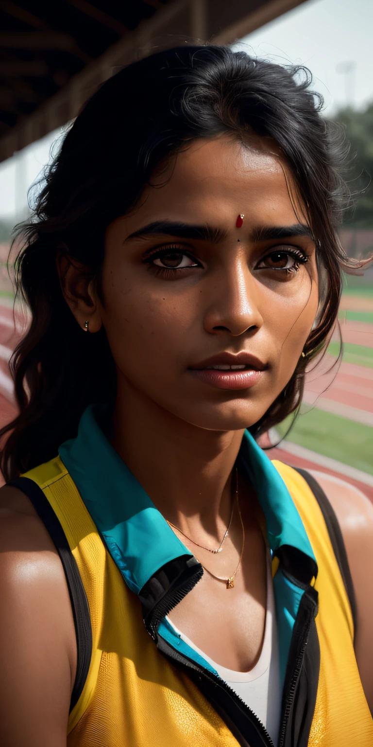 beautiful mature Indian college girl, in track outfit, outside on track field, ((slim, petite)), photorealistic, photo, masterpiece, realistic, realism, photorealism, high contrast, photorealistic digital art trending on Artstation 8k HD high definition detailed realistic, detailed, skin texture, hyper detailed, realistic skin texture, armature, best quality, ultra high res, (photorealistic:1.4),, high resolution, detailed, raw photo, sharp re, by lee jeffries nikon d850 film stock photograph 4 kodak portra 400 camera f1.6 lens rich colors hyper realistic lifelike texture dramatic lighting unrealengine trending on artstation cinestill 800, --auto --s2