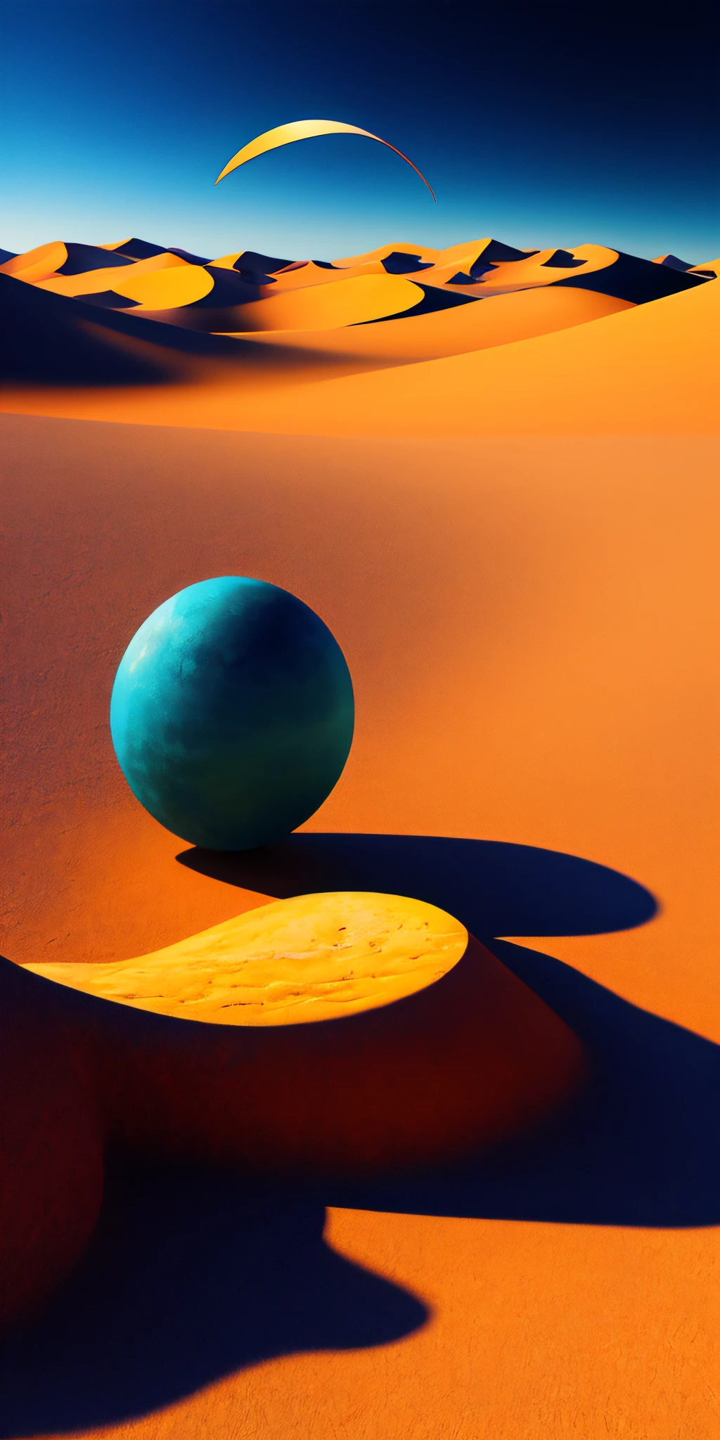 a photo of a desert landscape with a crescent shaped object, mind-bending digital art, surrealistic digital artwork, dream scenery art, stunning digital art, stunning digital painting, 3 d virtual landscape painting, beautiful digital artwork, colorful flat surreal, cgsociety 9, surreal digital art, inspiring digital art, beautiful digital painting, incredible digital art, digital fantasy art )
