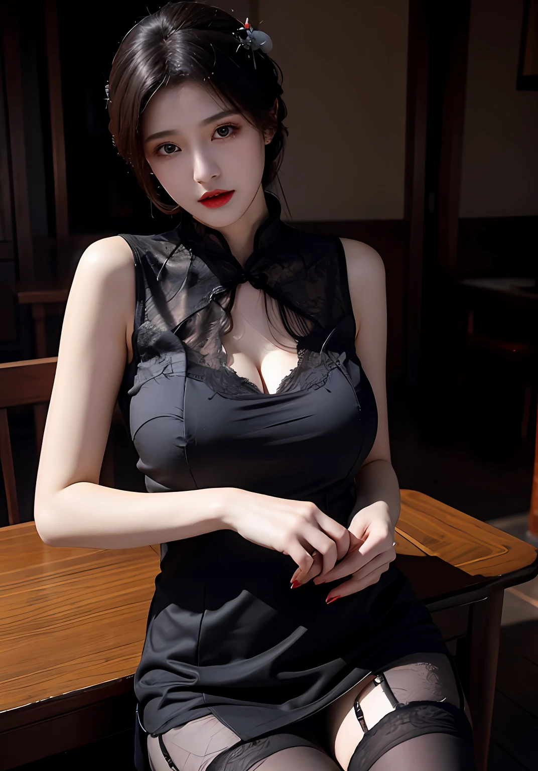 huge tit,Black floral tulle cheongsam,Black lace stockings。