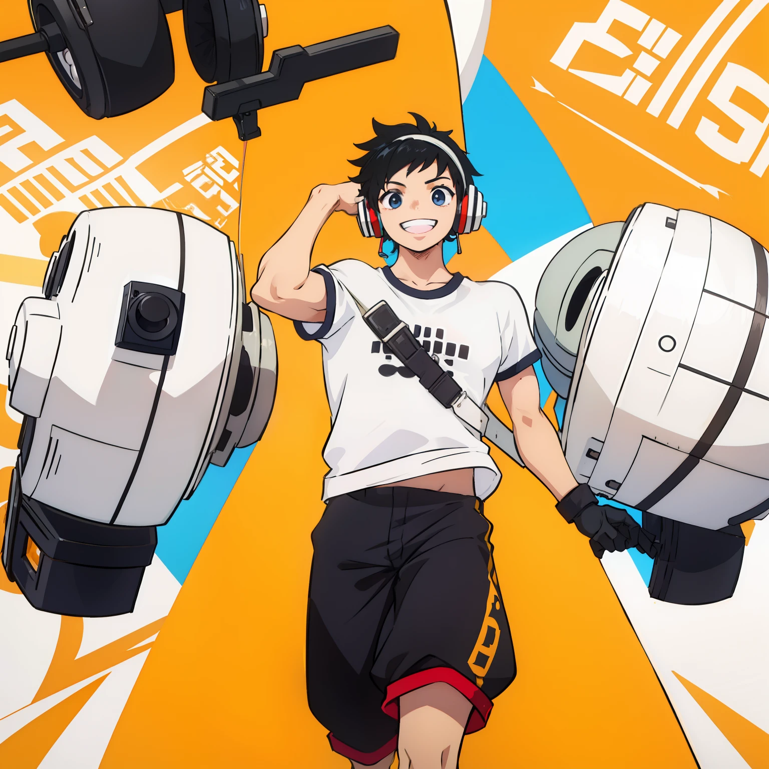 shoun,white short sleeve,musculous,short detailed hair,Rifle in hand,The smile is bright,shorter pants,Heads-up,Full body photo,highly accurate,tmasterpiece,A male,Headband headphones,black color hair