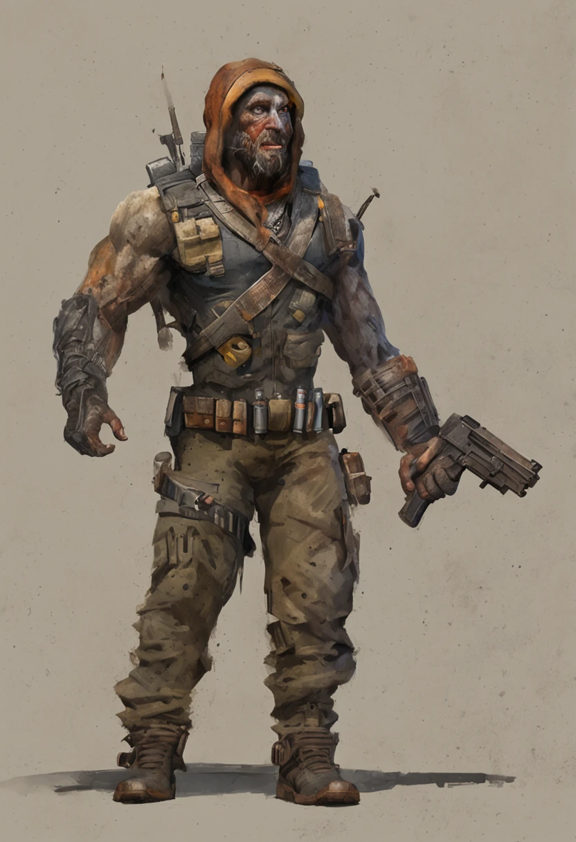 Create an image of a character named Law with the following details:
- Appearance: Law is a remarkable figure in a post-apocalyptic world overrun by zombies. He exudes strength and determination.
- Gender: Male
- Skin Tone: Dark complexion
- Prosthetic Arm: His left arm is a prosthetic made of metal, showcasing his resilience and adaptation to challenges.
- Build: Law possesses a strong and robust physique, a testament to his constant battles against zombies and the chaotic remnants of society.
- Attire: He wears practical and worn-out clothing, a blend of durability and agility. His clothing is equipped with strategically placed pockets for survival gear.
- Footwear: Law's sturdy boots mirror his unyielding determination, suitable for traversing hazardous terrain.
- Demeanor: His expression reflects a combination of shrewdness and seriousness, influenced by the harsh realities of his world.
- Skills: Law excels in stealth and survival. He utilizes his prosthetic arm for various tasks, whether disarming traps or defending against threats.
Create an image that captures Law's essence as a resilient and skilled survivor in a post-apocalyptic setting. Emphasize his dark complexion, strong physique, and the prosthetic arm that showcases his adaptability. Showcase him in a scene that portrays his resourcefulness, whether navigating through dangers or employing stealthy maneuvers.
Feel free to incorporate elements of the post-apocalyptic landscape, such as debris or ruins, to set the scene. The image should encapsulate Law's identity as a survivor who thrives in the face of adversity.