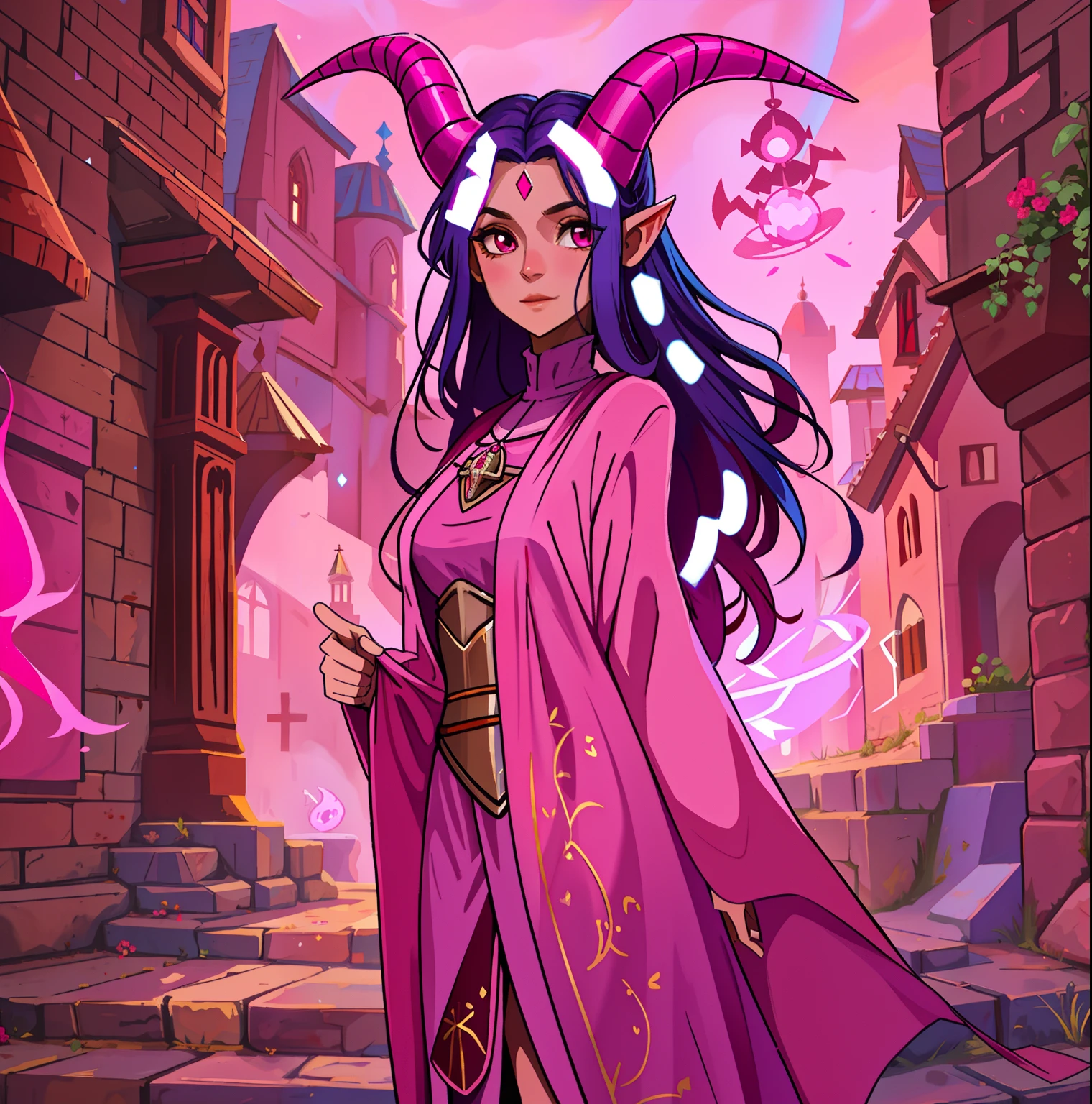 A beautiful pink-skinned woman pink as a pink-skinned devil with long black hair that goes all the way to the ground Make her like a sorceress in a setting full of magic and mystery A character for medieval RPG she must be wearing medieval robes covering her body like a magician She must wear a medieval costume Her skin is pink pink as an avatar horns and pointed tail like a pink demon pink skin pink skin skin small horns