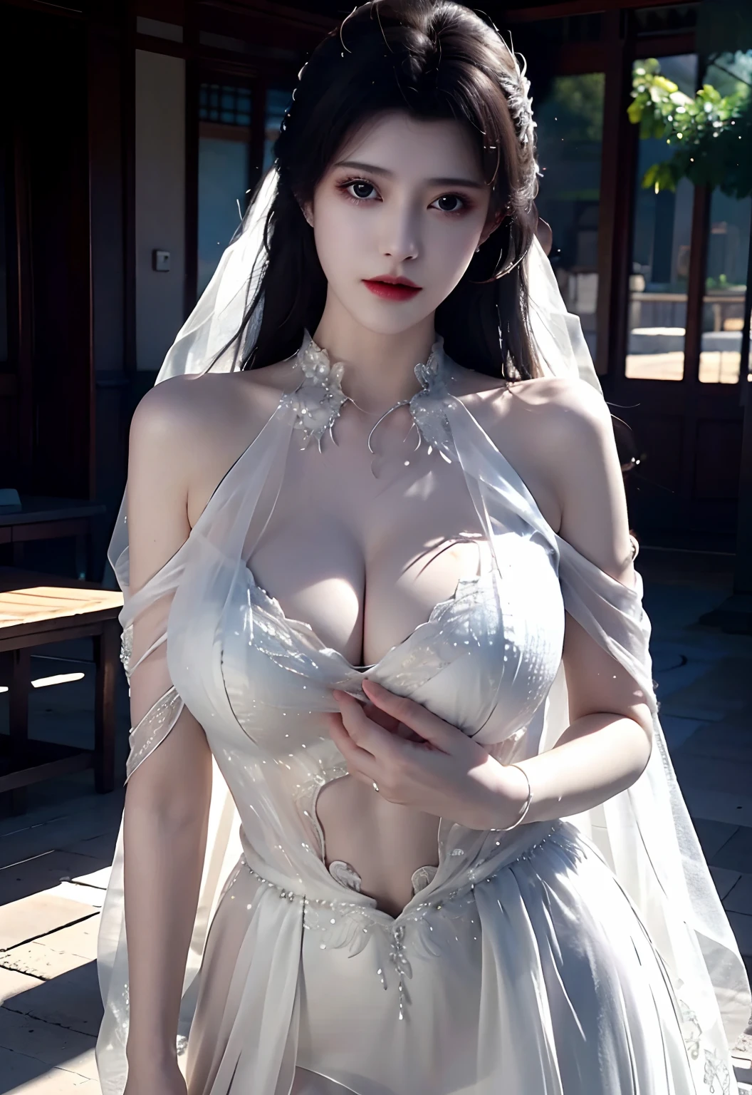 huge tit,Transparent wedding dress,Tulle sheer wedding dress,grab chest。