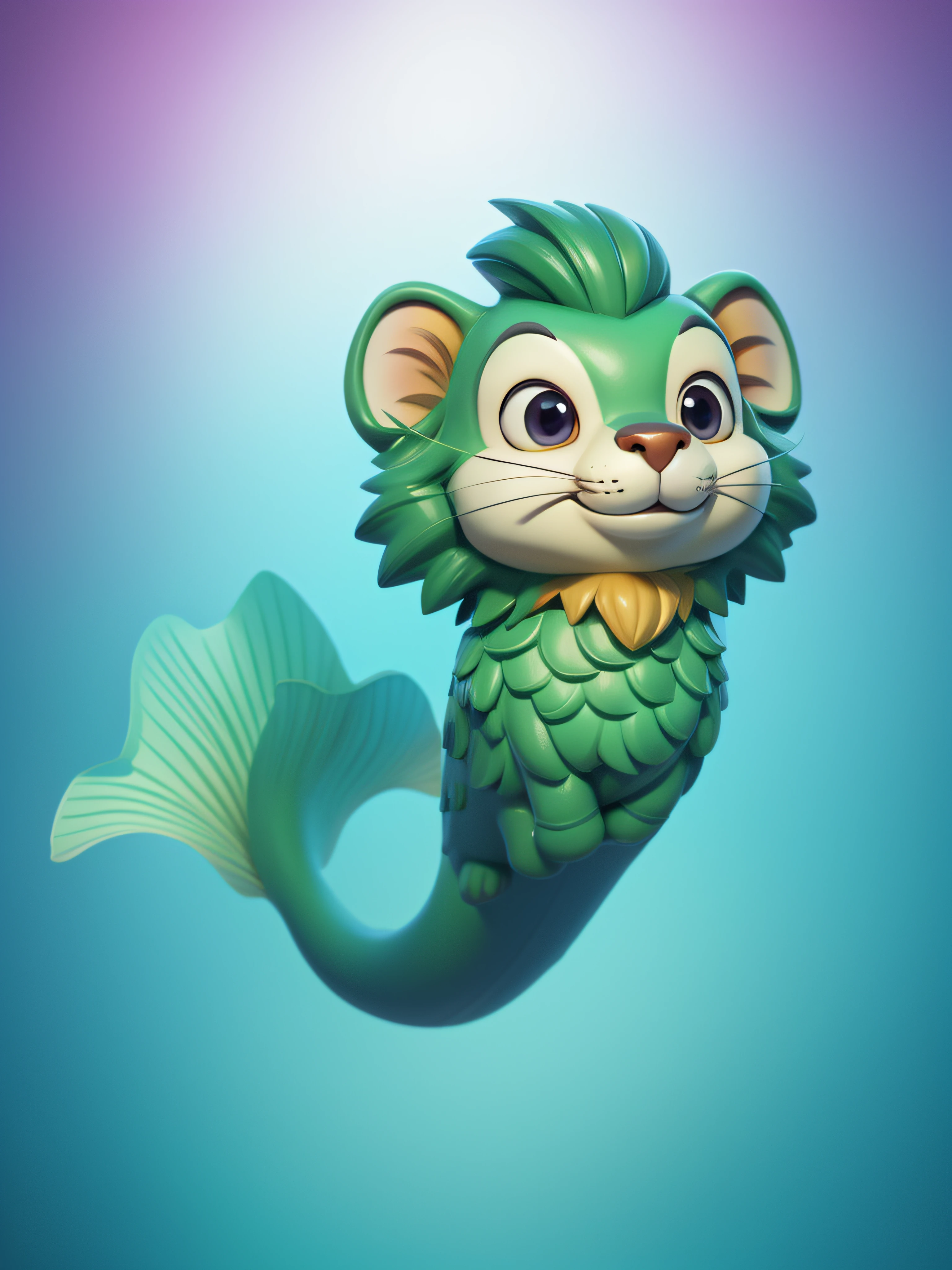 A fish with a lion's head，with smile，Fish length，skiny，Lovely head，green color，lovely digital painting，cute 3 d render，adorable digital art，Cute detailed digital art，in the style of Disney animation，digitally drawn，Portrait of a cartoon animal，Realistic cartoons，adolable！C4D，High detail, scribbles, vibrant,white backgrounid，