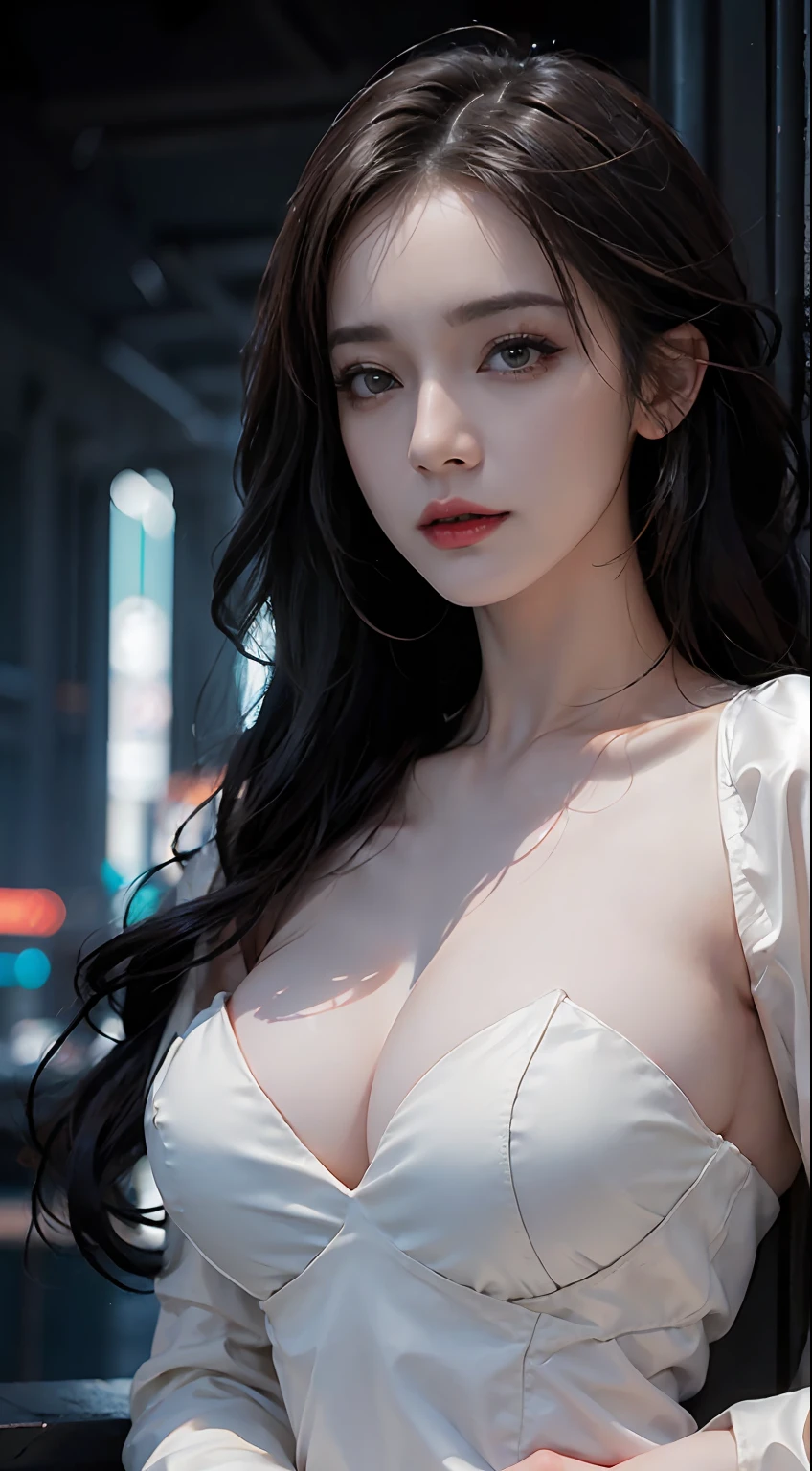 (1girl:1.3), solo, __Body parts__ realistic skin, pale skin, big boobs, official art, unified 8k wallpaper, ultra detail, beauty and aesthetics, beauty, masterpiece, best quality, in cyberpunk city, fantastic atmosphere, calm color palette, peaceful mood, soft shadows, nurse, glamour, huge breasts