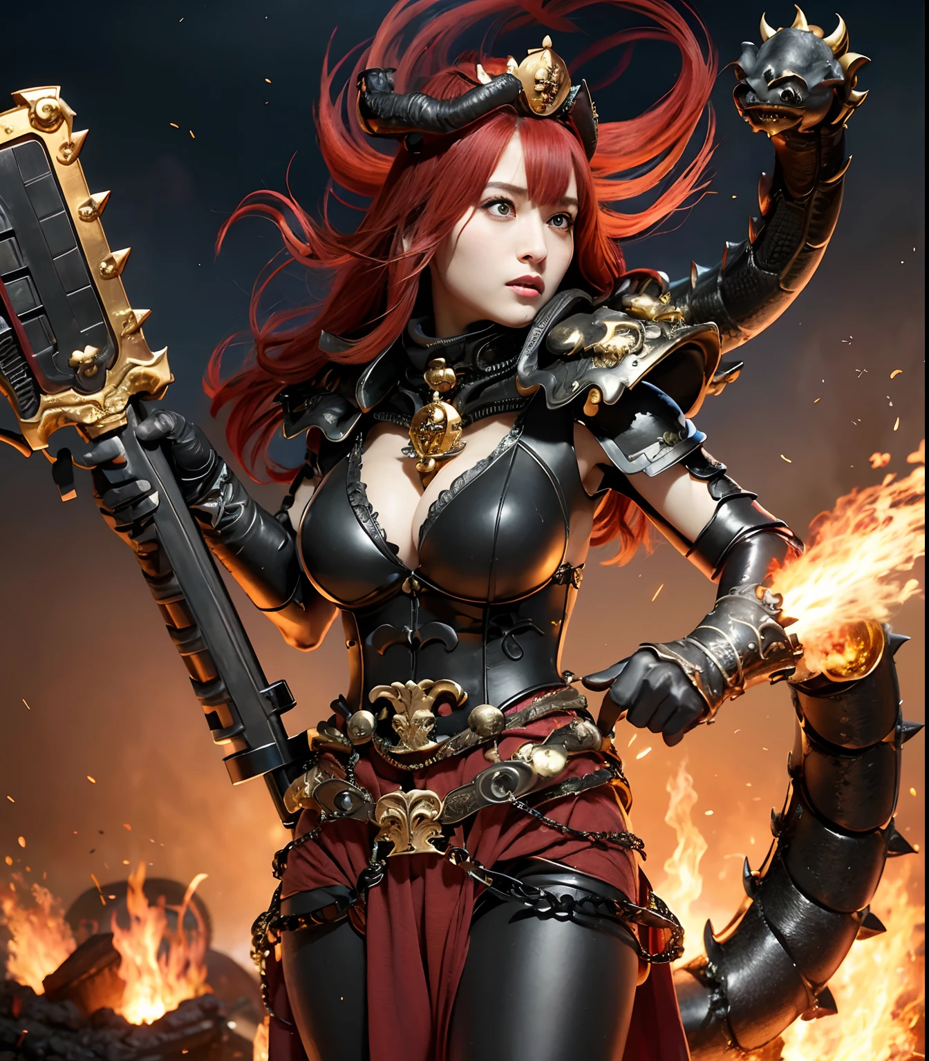 (masutepiece), Professional , masterpiece、top-quality、photos realistic , depth of fields (Gemstone Black Metal Body:1.9),(Matte Black、(cleavage of the breast)、Dragon Gold Weapon(Dragon Metal Body:1.4),Gorgeous Silver Weapons ,(( Dragon's dense and gorgeous sword)) , Beautiful knife ,warhammer 40k , adepta sororitas,Detail and gorgeous crown、((Red hair))、(Castle background)、The dragon、((Gangle's forest background))、Beautiful Caucasian beauty、(1a person)、dynamic ungle,(((Detailed and ornate Black Devil Crown)))、Smaller head、Strange smile、Castle background、Thin and beautiful female hands、cleavage of the breast、Soldier in iron armor on background、Mystical expression、Light Effects、intense fighting、Wind-effect、magic circles、With the legendary magic wand、(demonic wings)、