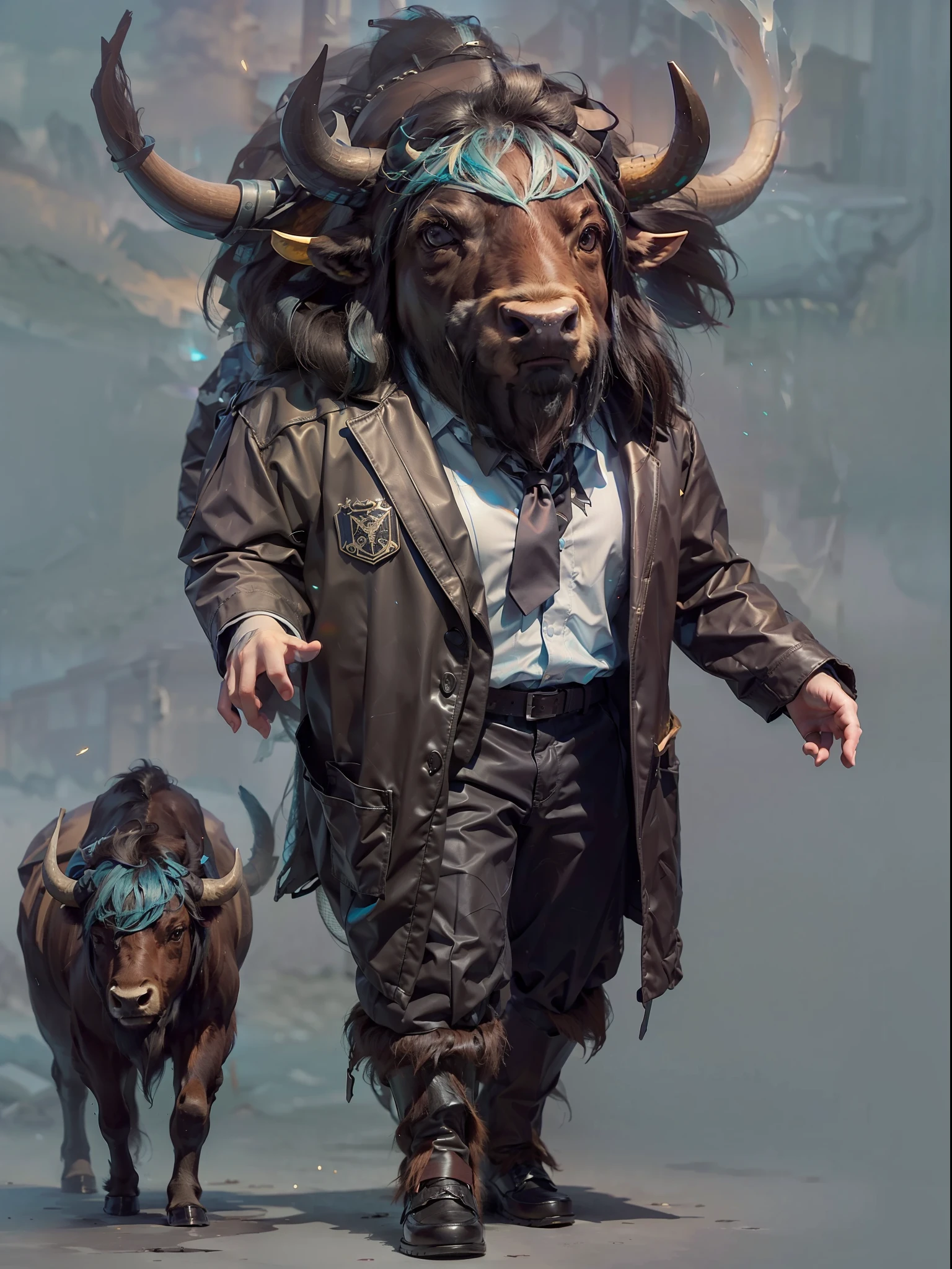 (((fullbody image、Standing posture)))、(Full body bison standing upright in luxury business suit、Humanoid Vivison、Cool anthropomorphic bison with long legs)、masterpiece, top-quality, in 8K , intricate detailes, ultra-detailliert , light Particle、32K Digital Paint, Hyper-Realism, No background