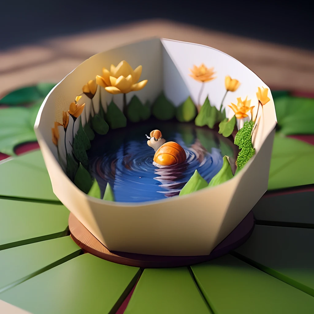 2d game background,Small shallow pool,snail,Lotus leaf,depth of fields,hand painted style,planar,popup book
