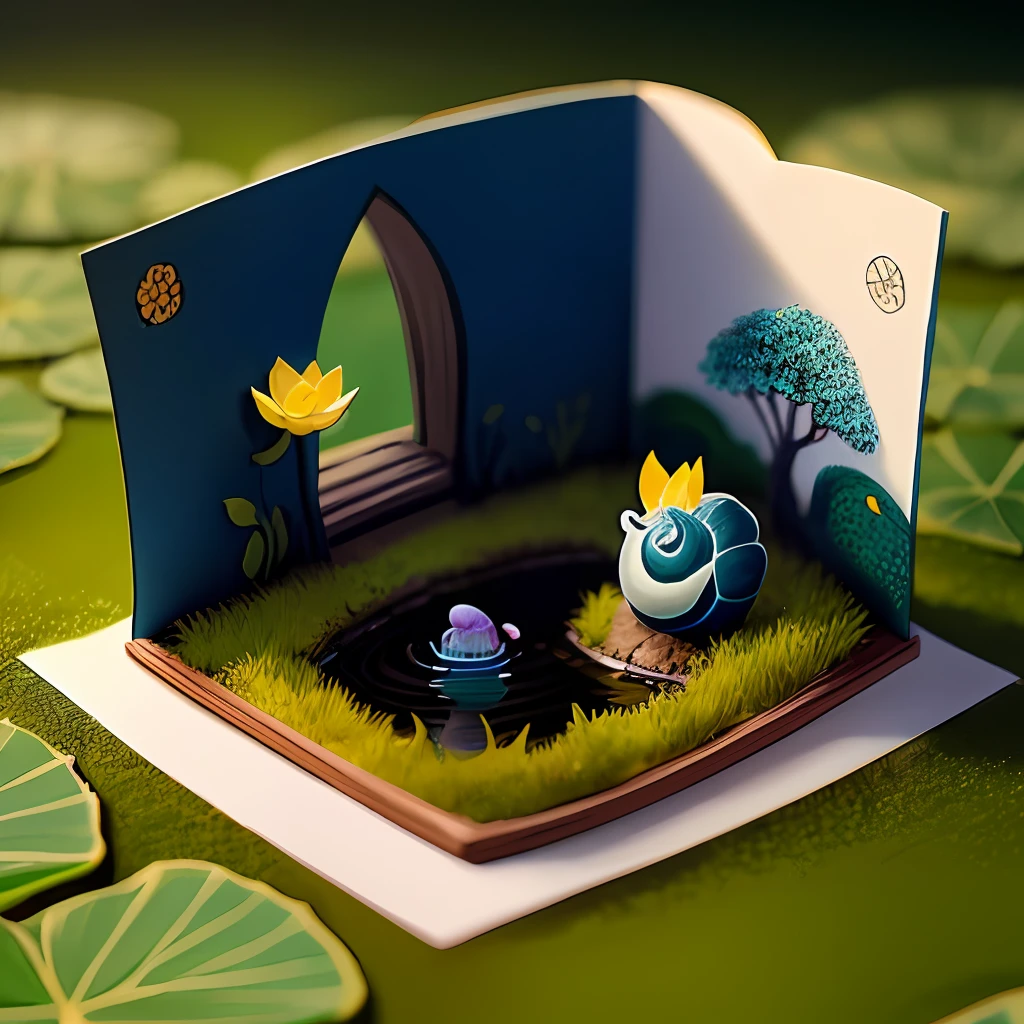 2d game background，Small shallow pool，snail，Lotus leaf，depth of fields，hand painted style，planar，popup book