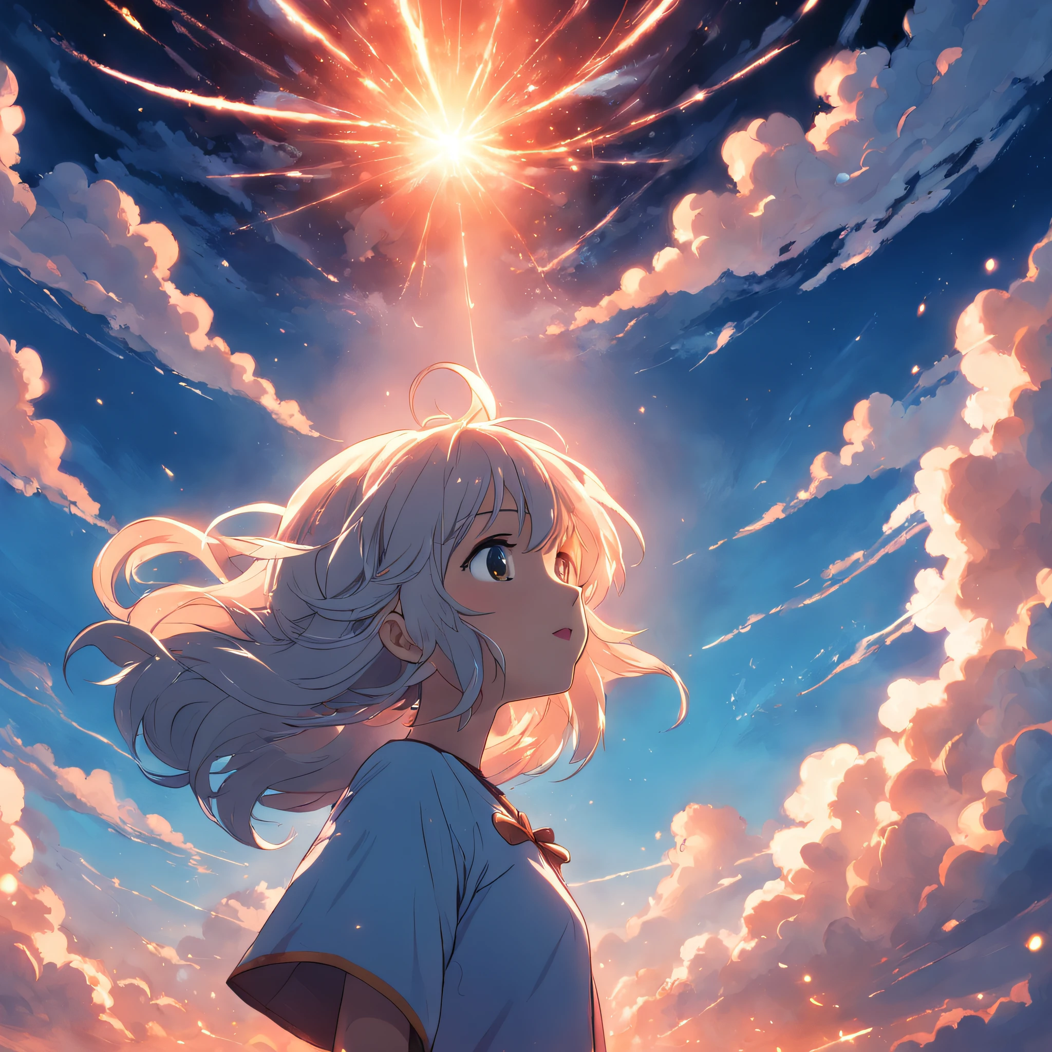 masterpiece, best quality, movie still, 1girl, cloud girl, floating in the sky, close-up, bright, happy, warm soft lighting, sunset, (sparks:0.7)