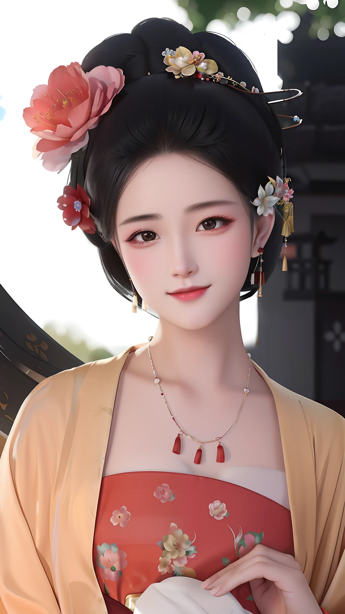 1 beautiful mature girl, looking at viewer, upper body, realistic,real girl, gentle girl, Girly, smooth pink and white skin, Front bangs, large breasts and round, excessively frilled princess dress, draped clothes, flawless face, jewelry, high nose, ornament, flower, lace trim, beautiful big and round orange eyes, sharp eyebrows, very sharp and detailed peacock eyelashes and makeup,orange red lipstick, Smile without opening your lips, long silky black hair and jewelry clips, masterpiece, best quality, 8k, detailed skin texture, detailed cloth texture, beautiful detailed face, intricate details, ultra detailed, rim lighting, side lighting, cinematic light, ultra high res, 8k uhd, film grain,best shadow, delicate, RAW photo, detailed and clear images, extremely sharp images,