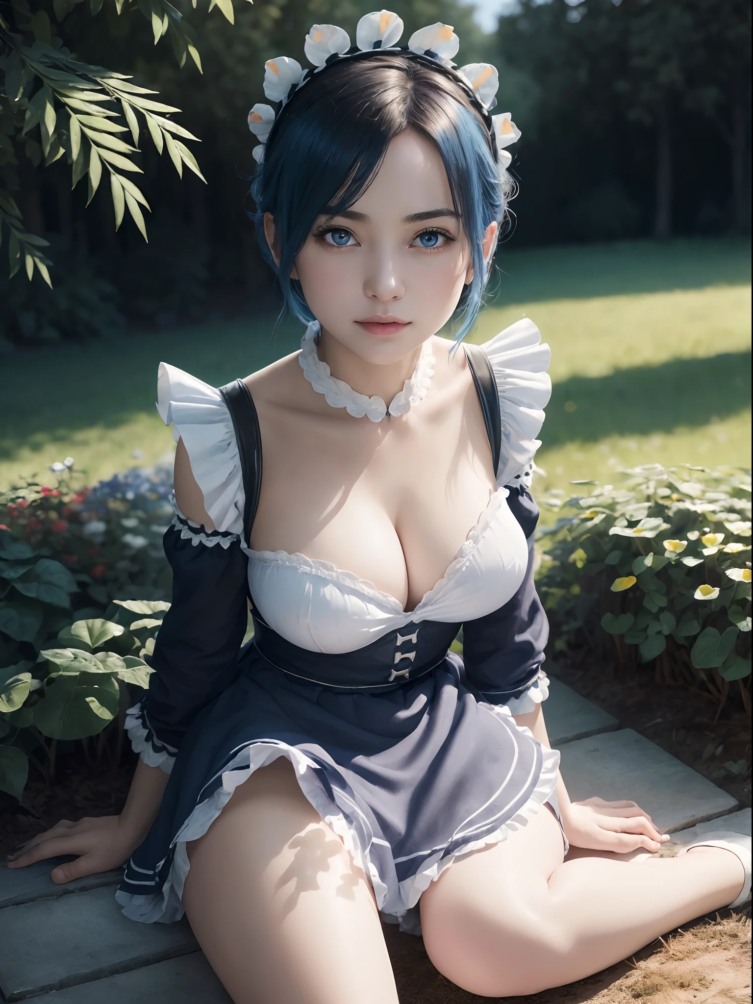 (masterpiece, best quality:1.4), (full body:1.5), (sitting: on the garden:1.5), on a beautifull and rich mansion, 1girl, solo, rem_re_zero, blue hair, (blue hair:0.5), short hair, maid uniform, (black maid uniform:1.5), hair ornament, cleavage, maid headdress, detached sleeves, ribbon, medium breasts, beautifull smile, beautiful face, highly detailed face, highly detailed eyes, highly detailed skin, skin pores, subsurface scattering, realistic pupils, full face blush, full lips, depth of field, volumetric lighting, sharp focus, absurdres, realistic proportions, good anatomy, (realistic, hyperrealistic:1.4), 16k hdr