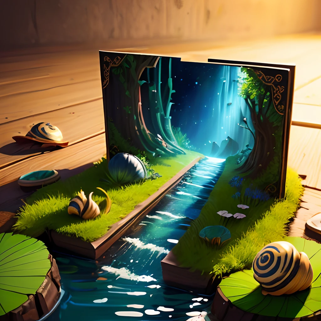 2d game background,Small shallow pool,snail,Lotus leaf,depth of fields,hand painted style,planar,popup book