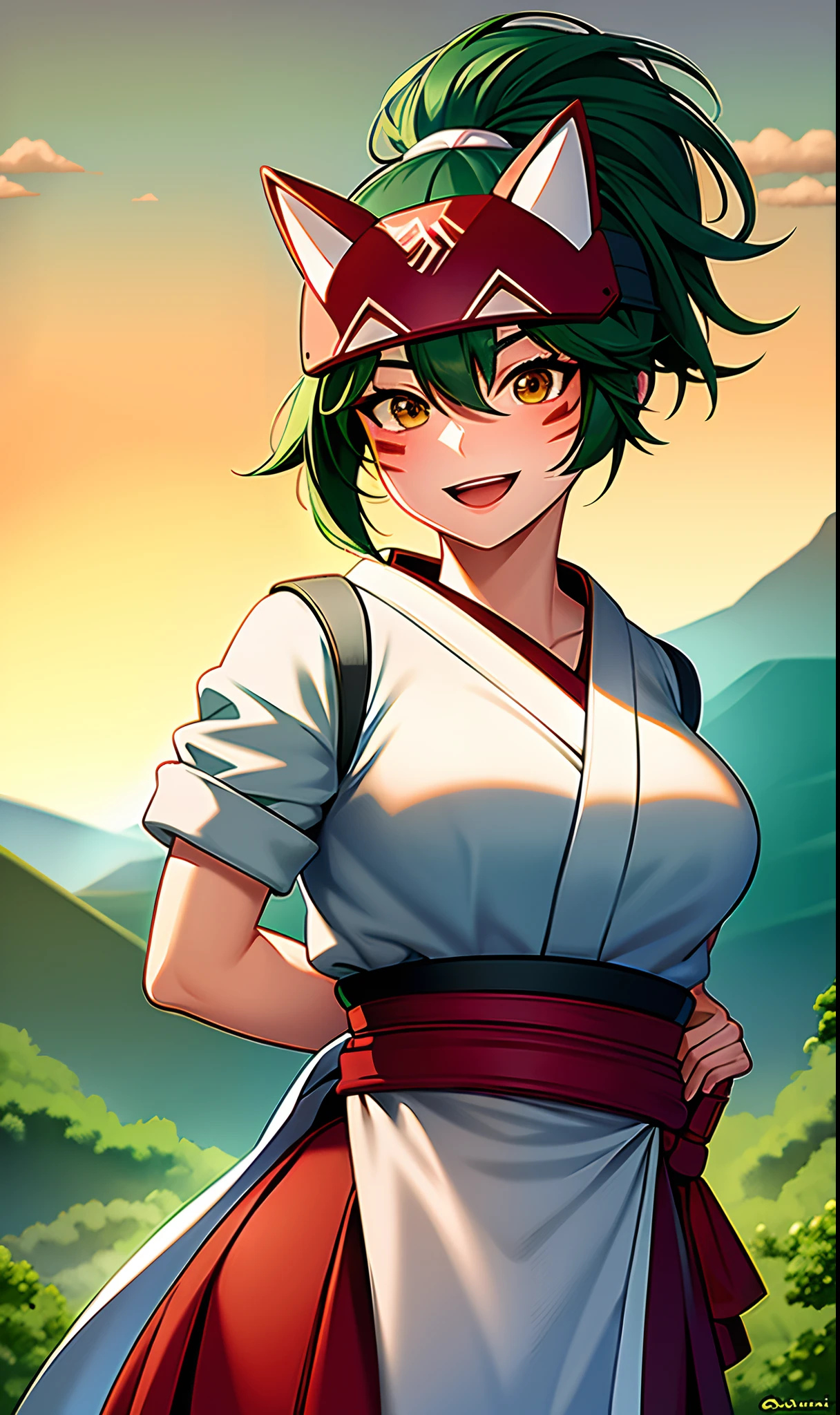 masterpiece, best quality, kiriko \(overwatch\), green hair, ponytail, brown eyes, facial mark, fox mask, half mask, smile, open mouth, raised eyebrows, medium breasts, white kimono, red skirt, arms behind back, upper body, portrait, forest, shrine, (akai-4v:0.7)