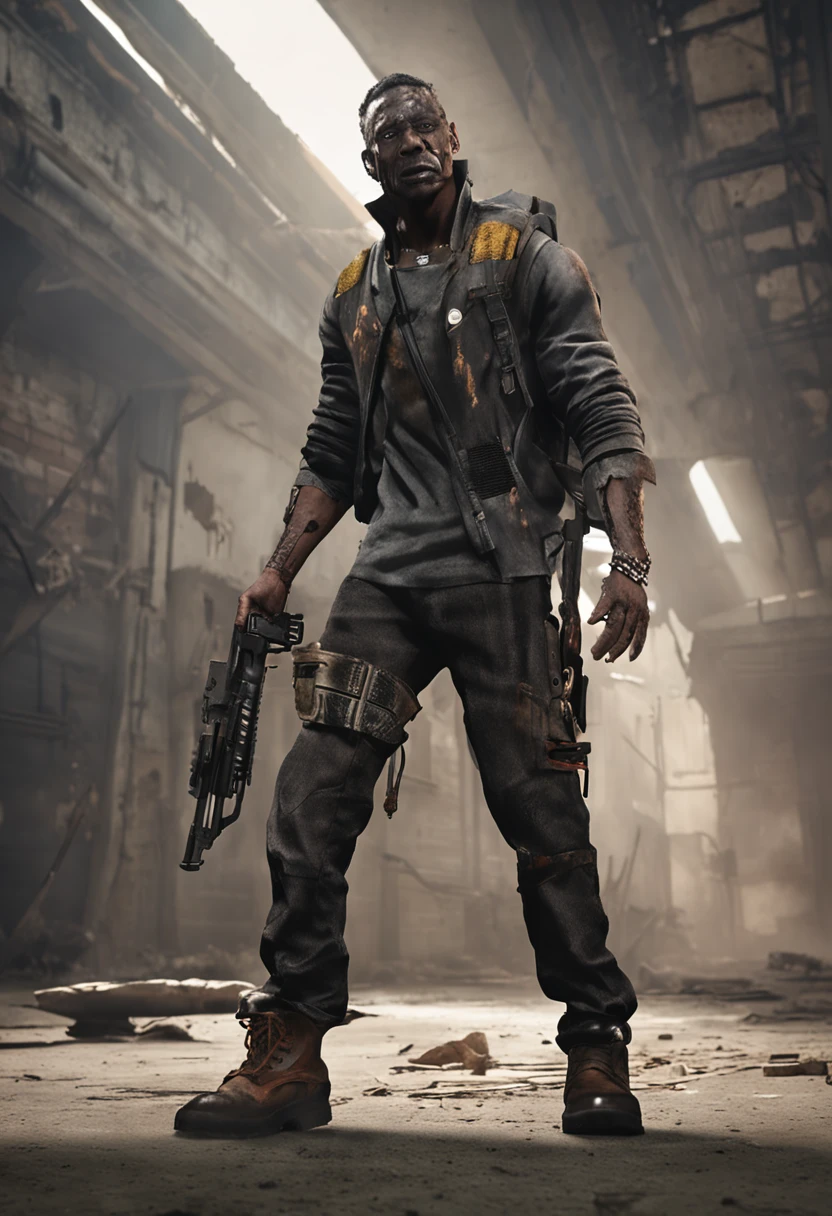 Create an image of a character named Law with the following details:
- Appearance: Law is a remarkable figure in a post-apocalyptic world overrun by zombies. He exudes strength and determination.
- Gender: Male
- Skin Tone: Dark complexion
- Prosthetic Arm: His left arm is a prosthetic made of metal, showcasing his resilience and adaptation to challenges.
- Build: Law possesses a strong and robust physique, a testament to his constant battles against zombies and the chaotic remnants of society.
- Attire: He wears practical and worn-out clothing, a blend of durability and agility. His clothing is equipped with strategically placed pockets for survival gear.
- Footwear: Law's sturdy boots mirror his unyielding determination, suitable for traversing hazardous terrain.
- Demeanor: His expression reflects a combination of shrewdness and seriousness, influenced by the harsh realities of his world.
- Skills: Law excels in stealth and survival. He utilizes his prosthetic arm for various tasks, whether disarming traps or defending against threats.
Create an image that captures Law's essence as a resilient and skilled survivor in a post-apocalyptic setting. Emphasize his dark complexion, strong physique, and the prosthetic arm that showcases his adaptability. Showcase him in a scene that portrays his resourcefulness, whether navigating through dangers or employing stealthy maneuvers.
Feel free to incorporate elements of the post-apocalyptic landscape, such as debris or ruins, to set the scene. The image should encapsulate Law's identity as a survivor who thrives in the face of adversity.