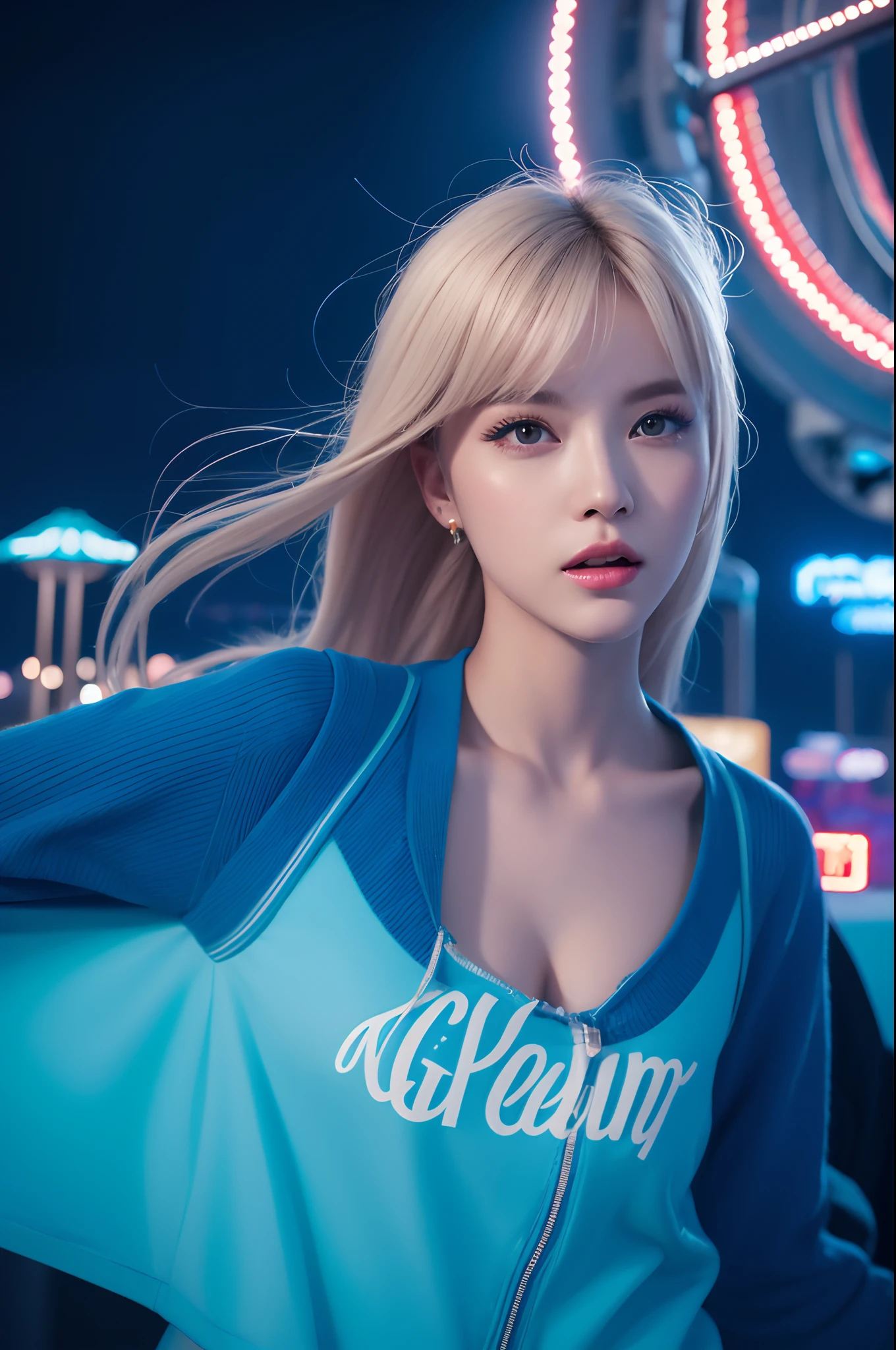 1girl in, Super beautiful girl, Dream Girl, Wearing blue, ulzzangs, Dancing, Concert in amusement park in the background, Lightning in the sky, Ultra Details, A hyper-realistic, Cinematic , Octane Render, 16 K，a blond