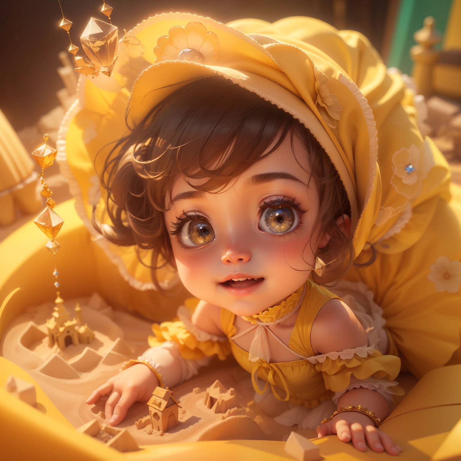 (sandbox:1.4),in a panoramic view,Solo, full body Esbian,tchibi,Cute girl, Wearing a yellow dress,a panoramic view,Delicate headgear,ssmile,Rococo style,Glass material,crystal material,ighly detailed, cinematic lighting effect,8K,tmasterpiece,offcial art morning