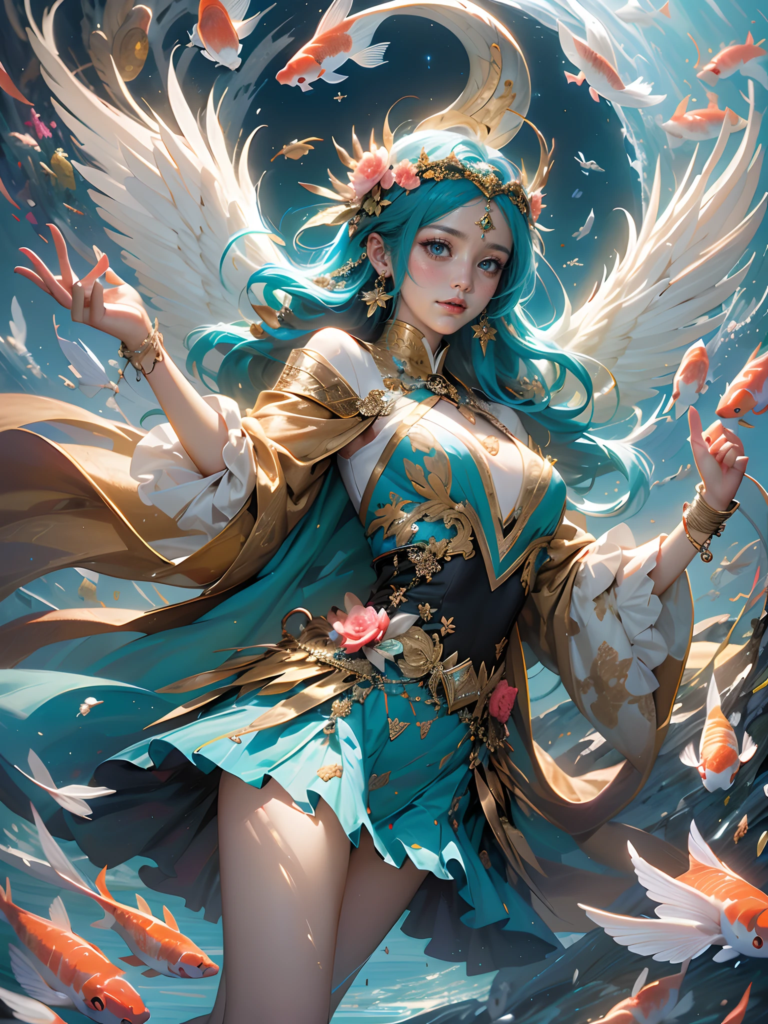 tmasterpiece，HighestQuali，Best resolution，8k wallpaper，Detailed CG illustration，"Shuttle through the illustrations of the fantasy field，An innocent and brave girl meets a flock of colorful koi。She wears gorgeous costumes，Wearing a flower crown on his head，Put on a colorful cape。Girl with koi soaring through emerald green clouds，Chase dreamy clouds。Koi jumped and frolicked around her，The scales on the tail make a brilliant arc in the air，It plays magical melodies，Like beating notes。The carp covers the girl's fingers:1.7，The girl's eyes were full of joy and curiosity，She held a magic bead shining with starlight in her hand，It exudes mysterious powers。In this illustration，You can unleash the wings of your imagination，Explore endless wonders and adventures。Let the girl and koi in the photo take you into the world of dreams，Swim in the fantasy of endless possibilities。”