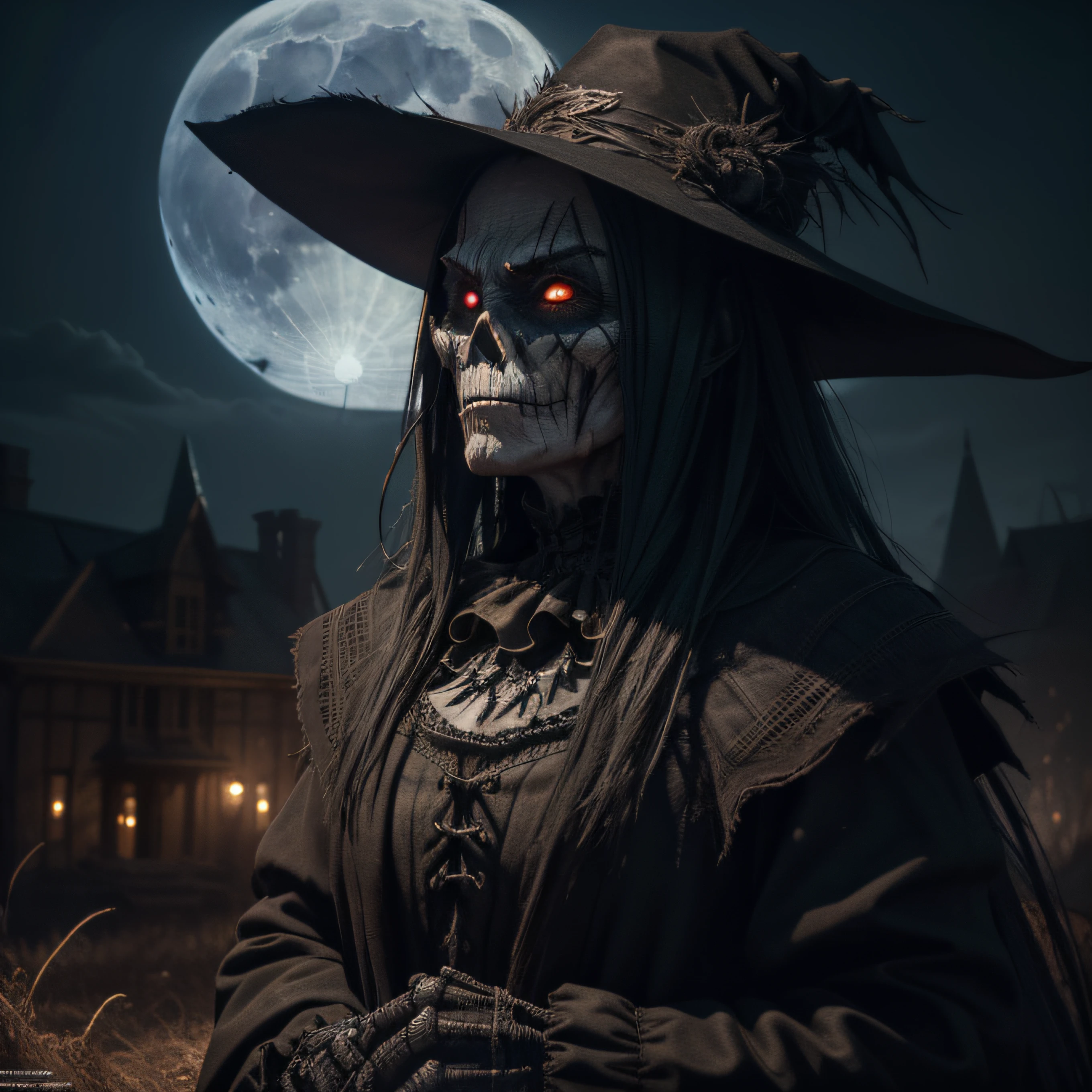 "(Highest picture quality), (Prioritizing the exceptional image quality and astonishing level of detail), generate an awe-inspiring (photorealistic:1.1) evil scarecrow, night, moonlight, horror, gothic, Sharp focus, render, octane, detail, award-winning photography, masterpiece, rim lighting."