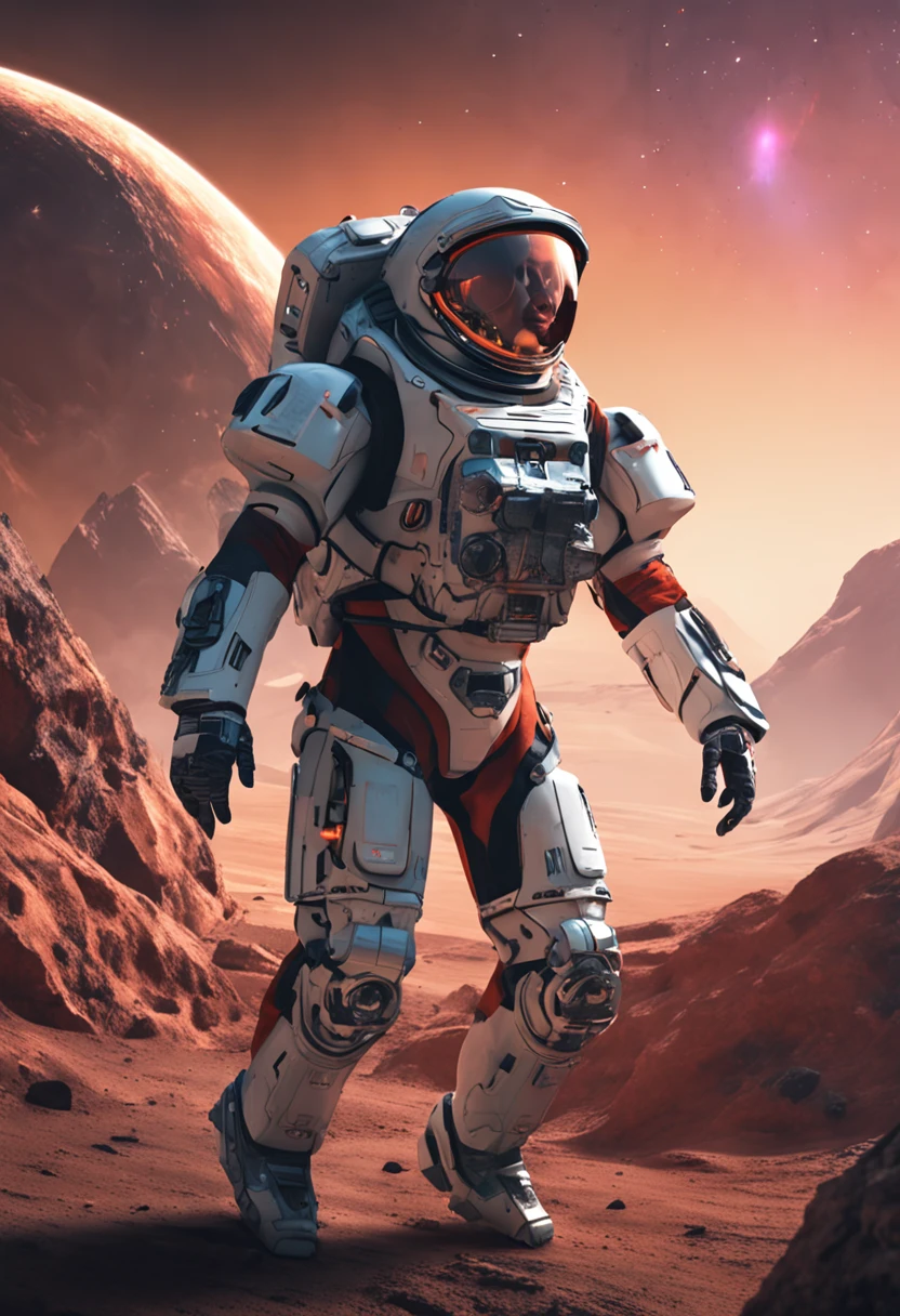 "Four-armed astronaut in a futuristic space suit with advanced mechanic armor"