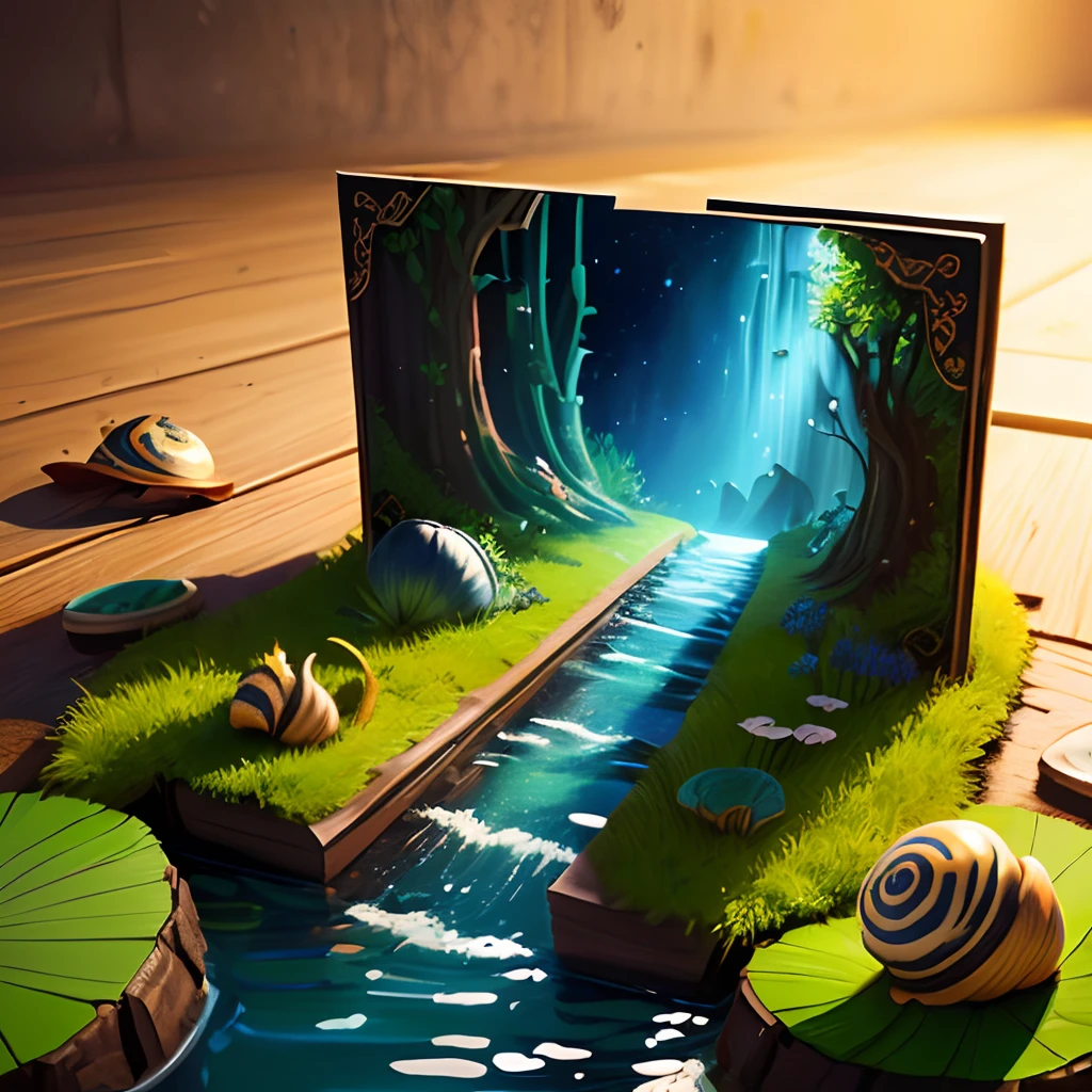 2d game background,Small shallow pool,snail,Lotus leaf,depth of fields,hand painted style,planar,popup book