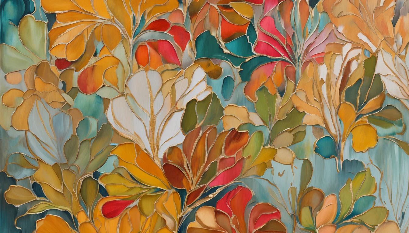 Detalhes intrincados da pintura das florestas , nuvem, Cores vivas, alto contraste, montanha, arte da linha vetorial, Destaques Laranja, Concept Art, Stick, Tapete, alta qualidade, Borda a Borda,pintura de flores, there are gold and silver leaves, flores de ouro, golden peony flowers, rosas douradas, flores e ouro, (relevo dourado: 1,5), flores detalhadas, flores lindas, flores escamosas douradas, flores intrincadas, chaotic gold leaf flowers, detailed 4 k oil painting, detalhes impressionantes e ricos, dourados. Floral, floral. Elementos barrocos, intricate oil paintings