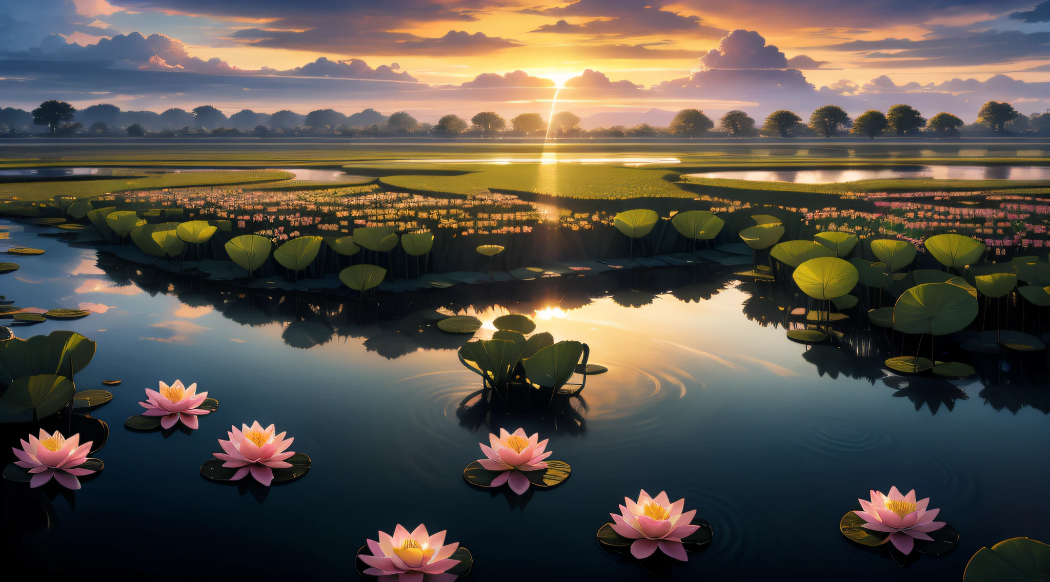the setting sun，evening light，Large area of sunset sky，The cloud is transparent，A pond full of lotus flowers，The lotus is a realistic shot，High- sharpness，SLR Camera Shooting