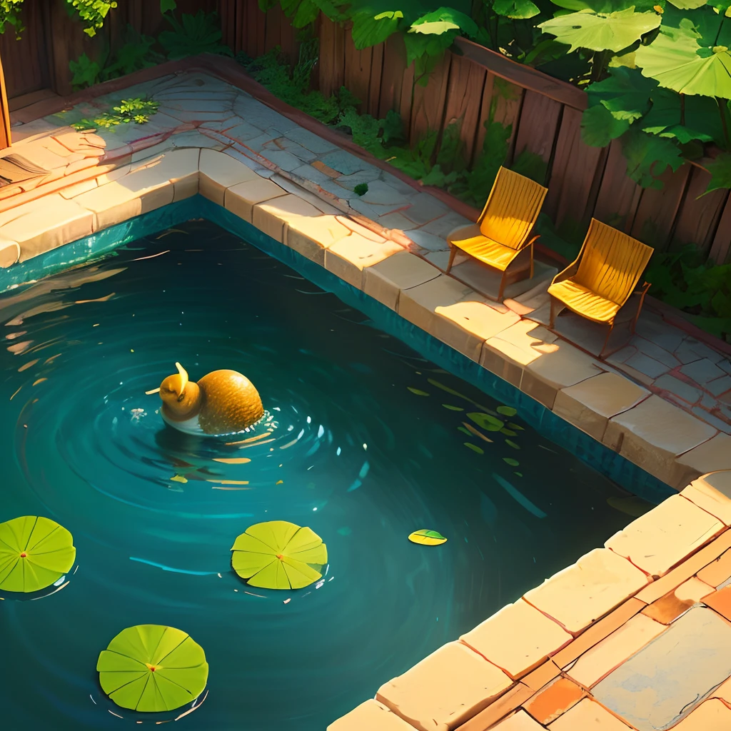 2d game background，Small shallow pool，snail，Lotus leaf，depth of fields，hand painted style，planar，popup book