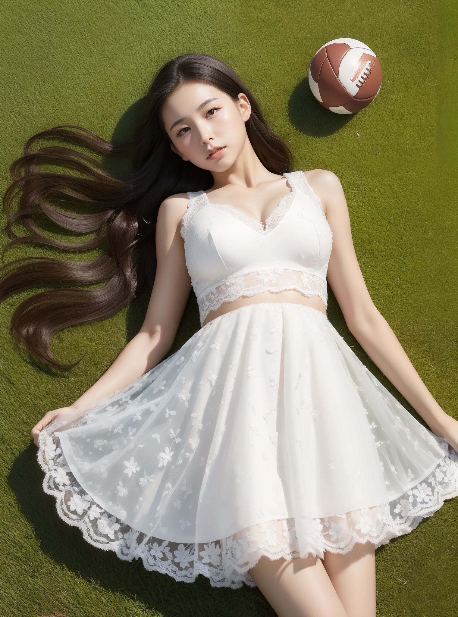 1 very beautiful female middle school student,Wear a cropped floral lace dress,Lying on the football field and playing with the ball,(Lie on the grass:1.2),Super high value,perfect body figure,beautiful hairl,Delicate hair,Fair face and skin,Beads of sweat hang,Have fun on the playground,The breasts are full and huge:1.5,Chest hyperexcion,(The clothes on the chest are high and bulging, Tightness and bulging:1.5),Delicate, Fair and soft calves and toes:1.5,White and delicate fingers,fully body photo