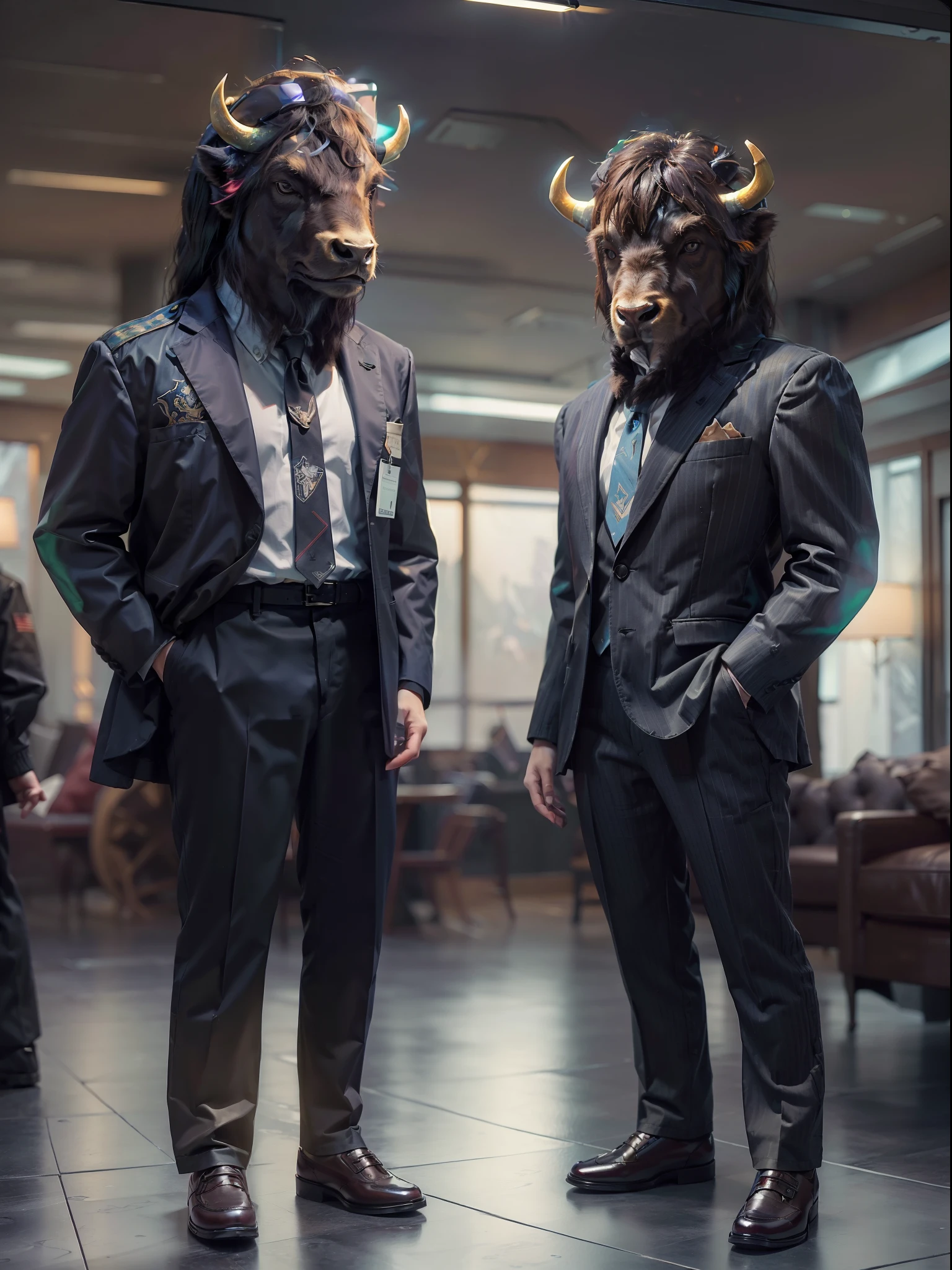 (((fullbody image、Standing posture)))、(Full body bison standing upright in luxury business suit、Humanoid by Bison、Cool anthropomorphic bison with long legs)、​masterpiece, top-quality, in 8K , intricate detailes, ultra-detailliert , light Particle、32K Digital Paint, Hyper-Realism, No background