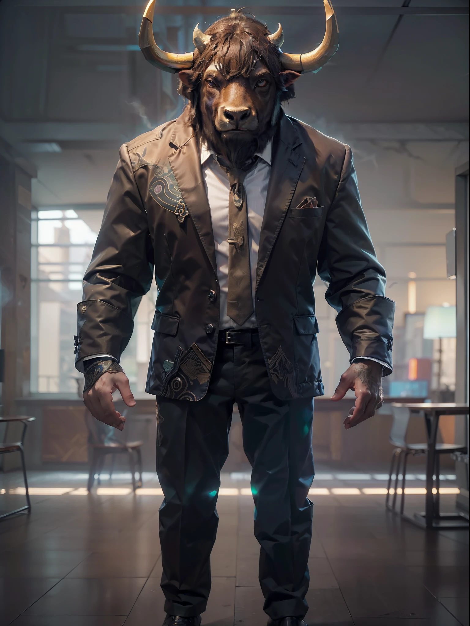 (((fullbody image、Standing posture)))、(Full body bison standing upright in luxury business suit、Humanoid by Bison、Cool anthropomorphic bison with long legs)、masterpiece, top-quality, in 8K , intricate detailes, ultra-detailliert , light Particle、32K Digital Paint, Hyper-Realism, No background