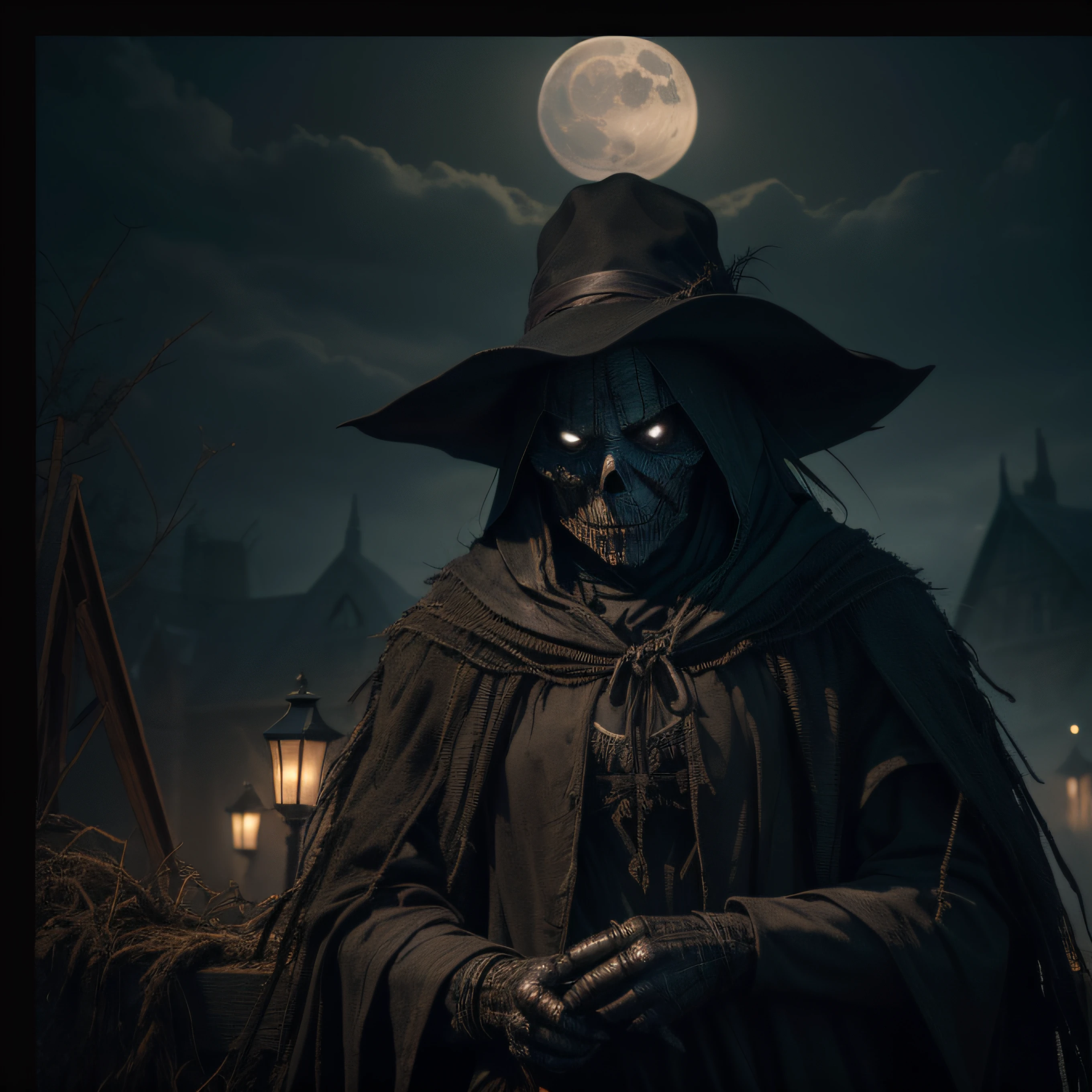 "(Highest picture quality), (Prioritizing the exceptional image quality and astonishing level of detail), generate an awe-inspiring (photorealistic:1.1) evil scarecrow, night, moonlight, horror, gothic, Sharp focus, render, octane, detail, award-winning photography, masterpiece, rim lighting."