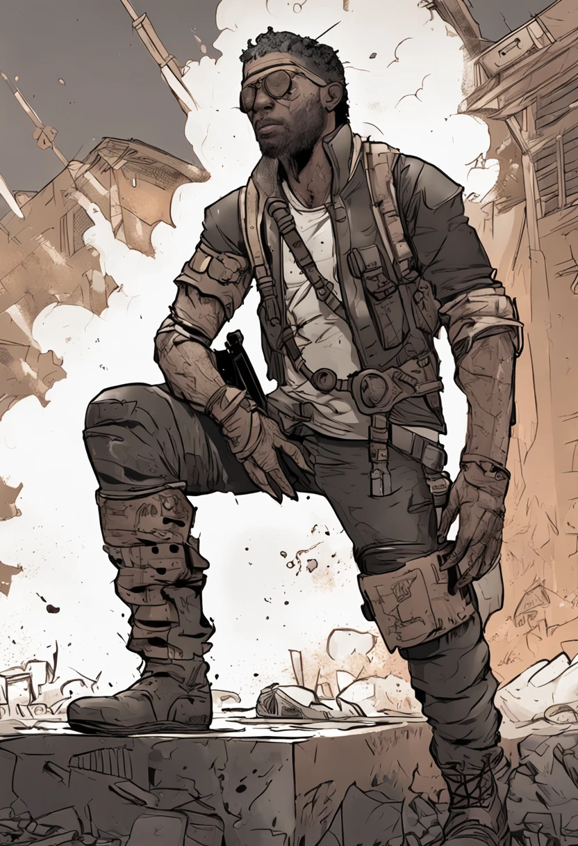 Create an image of a character named Law with the following details:

- Appearance: Law is a remarkable figure in a post-apocalyptic world overrun by zombies. He exudes strength and determination.
- Gender: Male
- Skin Tone: Dark complexion
- Prosthetic Arm: His left arm is a prosthetic made of metal, showcasing his resilience and adaptation to challenges.
- Build: Law possesses a strong and robust physique, a testament to his constant battles against zombies and the chaotic remnants of society.
- Attire: He wears practical and worn-out clothing, a blend of durability and agility. His clothing is equipped with strategically placed pockets for survival gear.
- Footwear: Law's sturdy boots mirror his unyielding determination, suitable for traversing hazardous terrain.
- Demeanor: His expression reflects a combination of shrewdness and seriousness, influenced by the harsh realities of his world.
- Skills: Law excels in stealth and survival. He utilizes his prosthetic arm for various tasks, whether disarming traps or defending against threats.

Create an image that captures Law's essence as a resilient and skilled survivor in a post-apocalyptic setting. Emphasize his dark complexion, strong physique, and the prosthetic arm that showcases his adaptability. Showcase him in a scene that portrays his resourcefulness, whether navigating through dangers or employing stealthy maneuvers.

Feel free to incorporate elements of the post-apocalyptic landscape, such as debris or ruins, to set the scene. The image should encapsulate Law's identity as a survivor who thrives in the face of adversity.