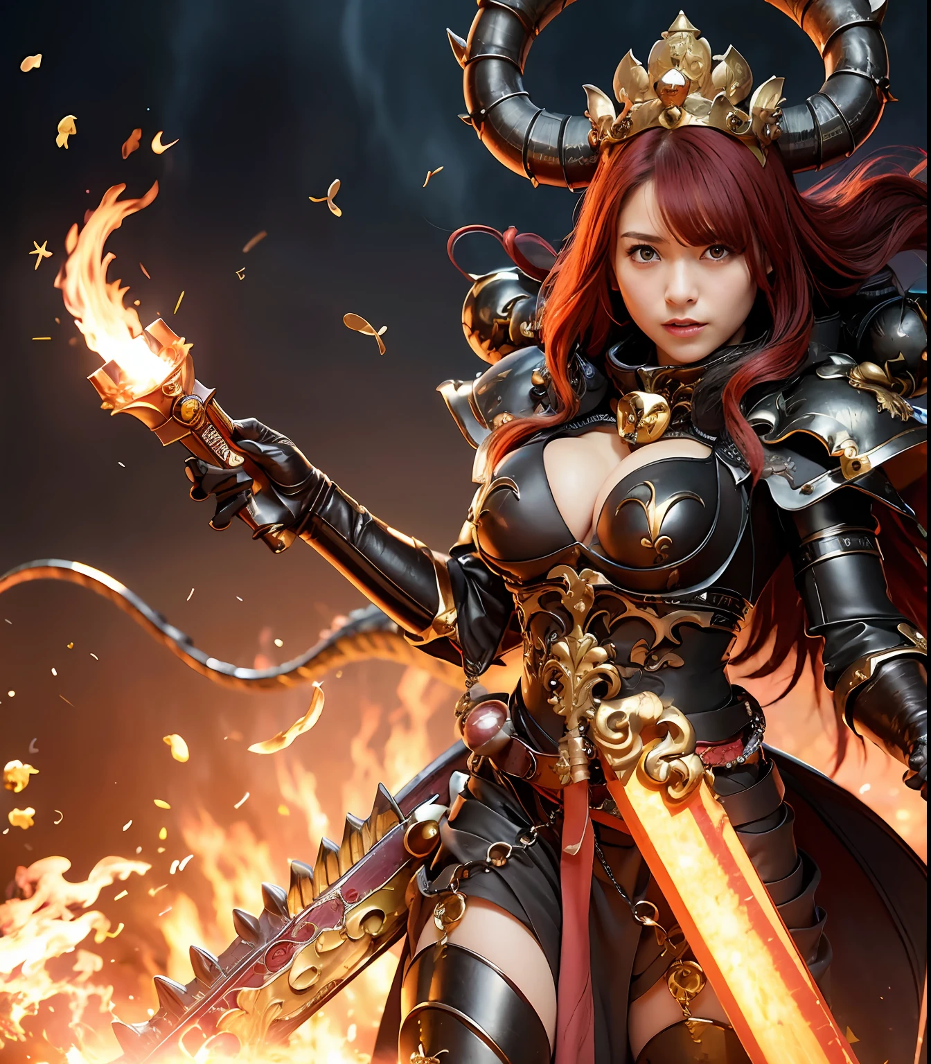 (masutepiece), Professional , masterpiece、top-quality、photos realistic , depth of fields (Gemstone Black Metal Body:1.9),(Matte Black、(cleavage of the breast)、Dragon Gold Weapon(Dragon Metal Body:1.4),Gorgeous Silver Weapons ,(( Dragon's dense and gorgeous sword)) , Beautiful knife ,warhammer 40k , adepta sororitas,Detail and gorgeous crown、((Red hair))、(Castle background)、The dragon、((Gangle's forest background))、Beautiful Caucasian beauty、(1a person)、dynamic ungle,(((Detailed and ornate Black Devil Crown)))、Smaller head、Strange smile、Castle background、Thin and beautiful female hands、cleavage of the breast、Soldier in iron armor on background、Mystical expression、Light Effects、intense fighting、Wind-effect、magic circles、With the legendary magic wand、(demonic wings)、