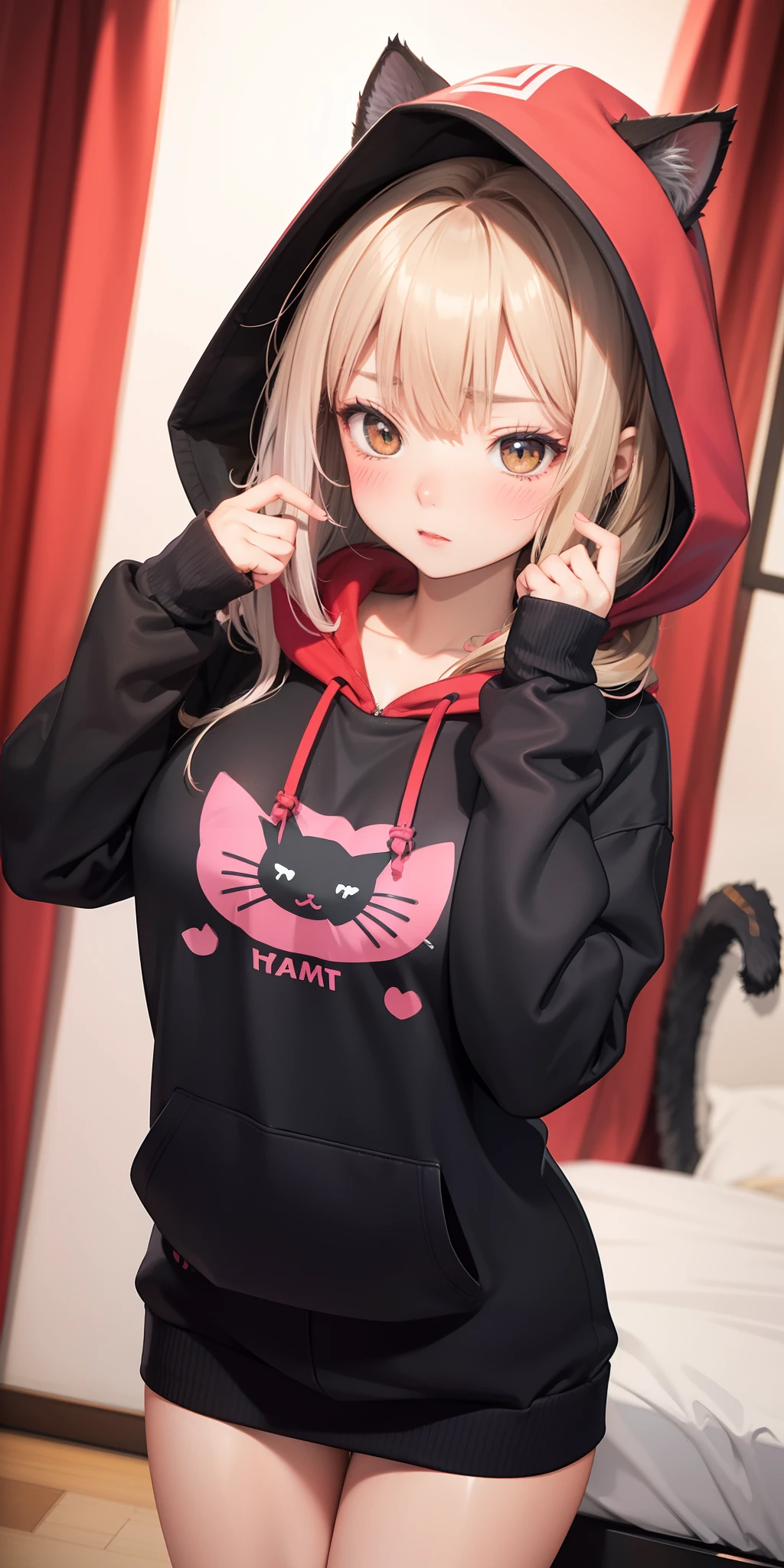 Dynamic posing, Arrange pose,Top quality work,,((short wavy Creamy Golden Blonde hair)),(Creamy Blonde hair),(short hair),(wavy hair),(golden eyes), lovely red lips, Rose cheeks, Pretty Face, A perfectly proportioned face, (casual clothes), wearing pink sweater and black skirt,full-body view, amazing, Large round chest、Beautiful eye details、Beautiful eyelashes、beautiful double eyelid, with blush cheeks, talking to viewer