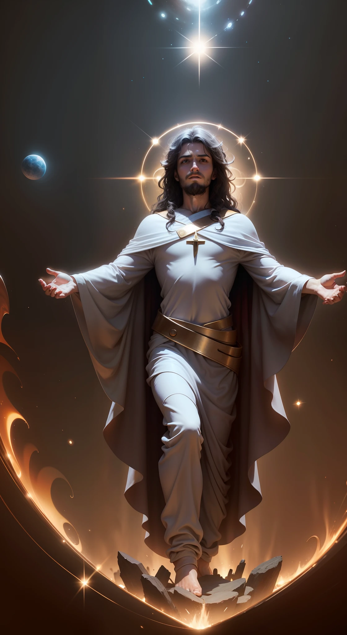 a man of 30, with brown, slightly curly hair that reaches her shoulders, a white garment with golden stripes that goes from your waist to your pen, A serious face, with golden epaulets, in his hands, purple energy emanates, in an environment with crosses and religious paintings, wearing a cross necklace, wearing brown sandals, wearing no shirt